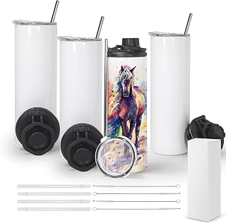 Sublimation Water Bottle Blanks, 20 oz, 4 Pcs, with Double Lid | Sublimation Tumblers, Double Wall Stainless Steel, Keep Drinks Cold and Hot, with Portable Handle, with Cleaning Brush