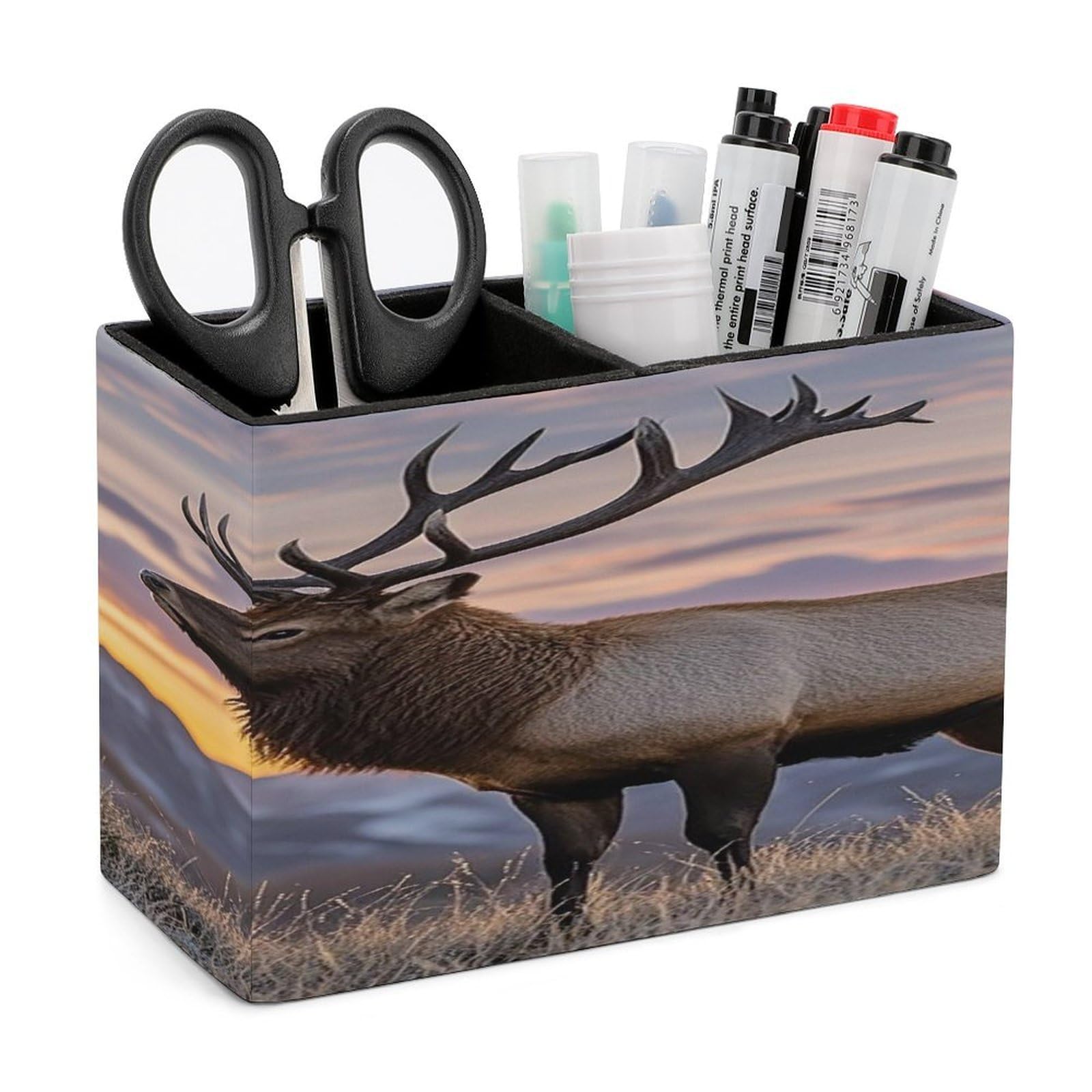 VstaDank Red Deer Bull Elk Sunset Pencil Holder for Desk Organizer 2 Compartments Pen Cup Leather Square Pen Holder Pencil Cup Stand Makeup Brush Holders for Desktop Organizer Storage Case