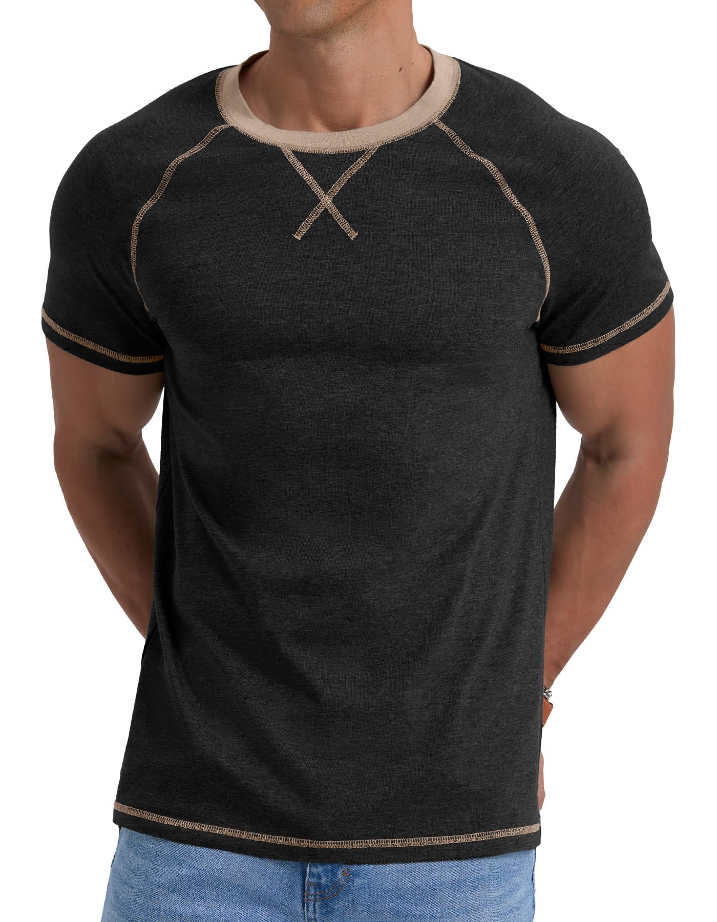 QIXING Męski T-shirt z bawełny, z krótkim rękawem, okrągły dekolt, na lato, lekki, regularny krój, oddychający, na co dzień