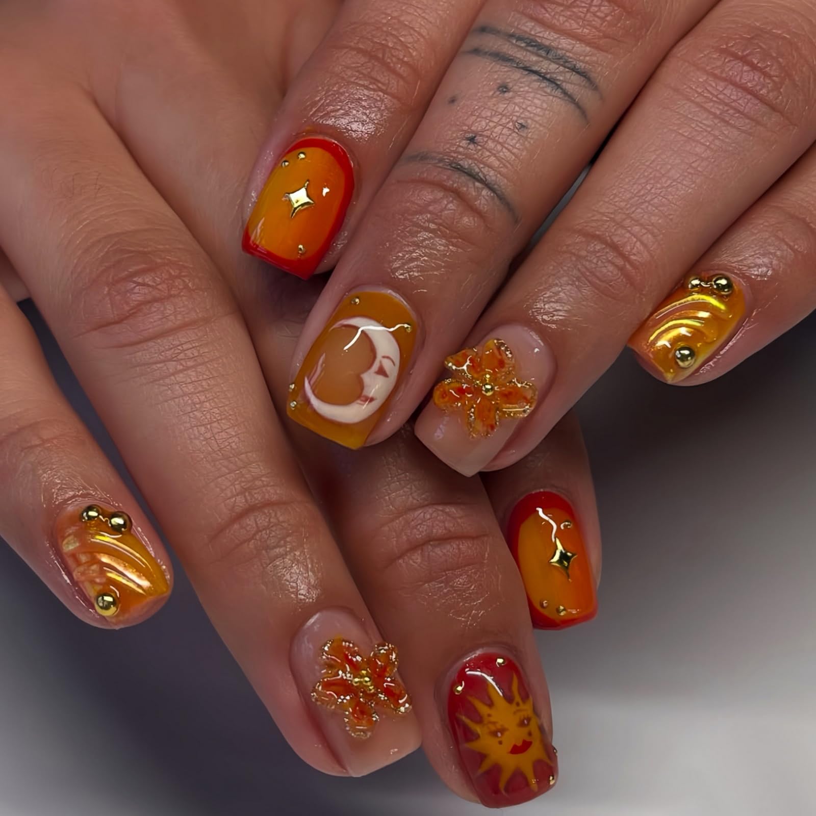 Photo 1 of 24Pcs Short Square Press on Nails 3D Flower Fake Nails Orange Full Cover False Nail with Moon Sun Flower Rhinestone Design Artificial Acrylic Nails Press ons Reusable Stick on Nails for Women