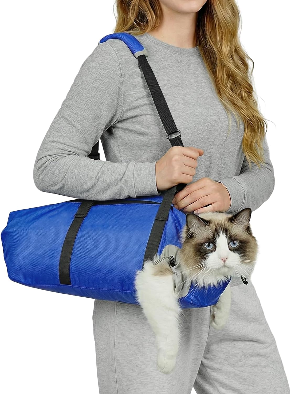 Cat Carrier Pouch, Soft Cat Grooming Restraint Bag for Vet Visits, Nail Trimming & Medication, Comfortable Cats Carry Bag with Bottom Support for Car Travel, Blue,L