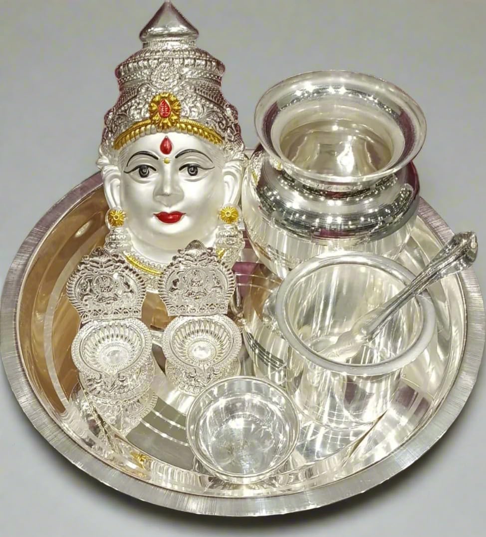 indiancraftsbykanika silver plated pooja thali set for housewarming/diwali set of 8 pieces