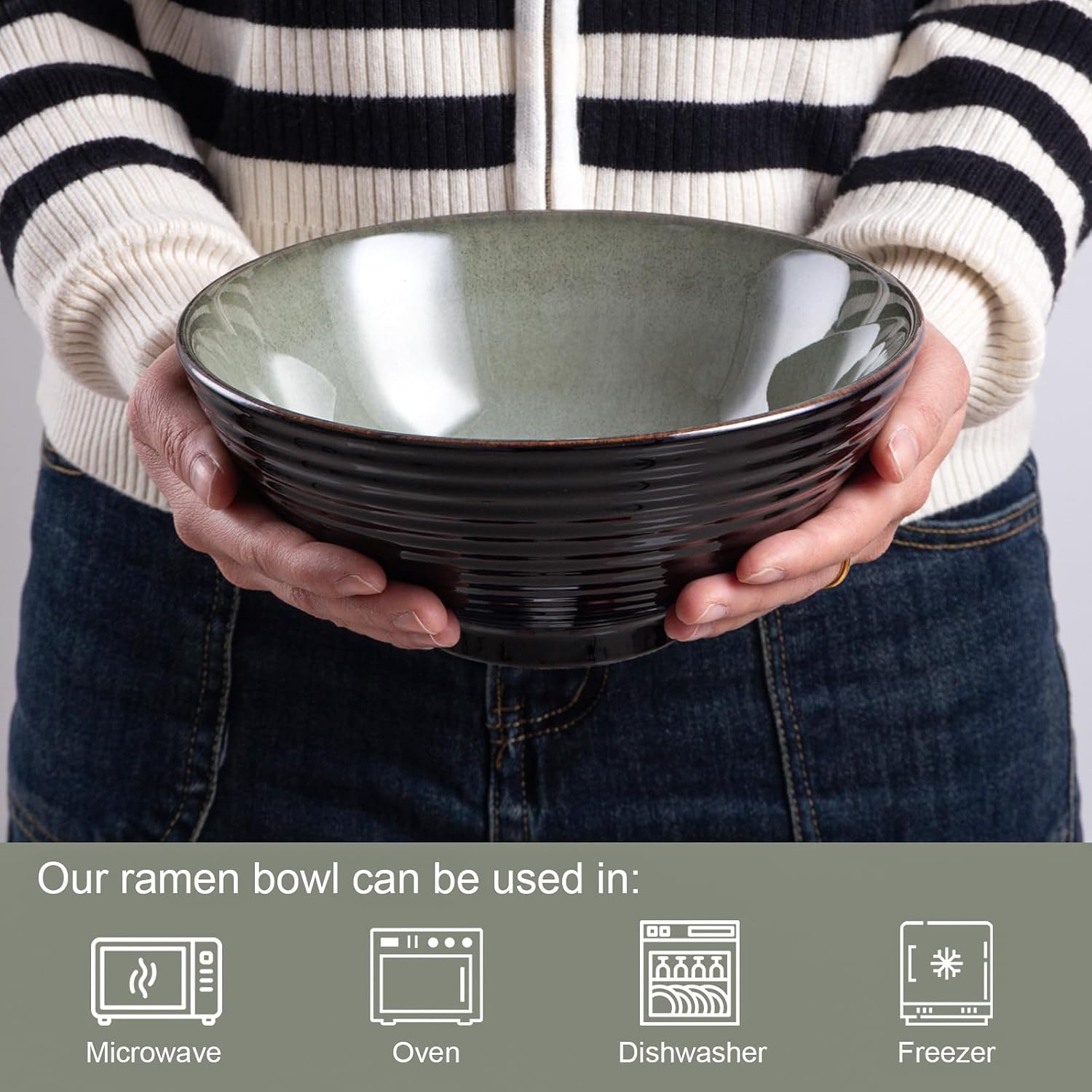 Ceramic Japanese Ramen Bowl Set, 2 Sets Asian Pho Udon Soup Noodle Bowls with Spoons and Chopsticks (Grayish Green, 8 inches) image 3