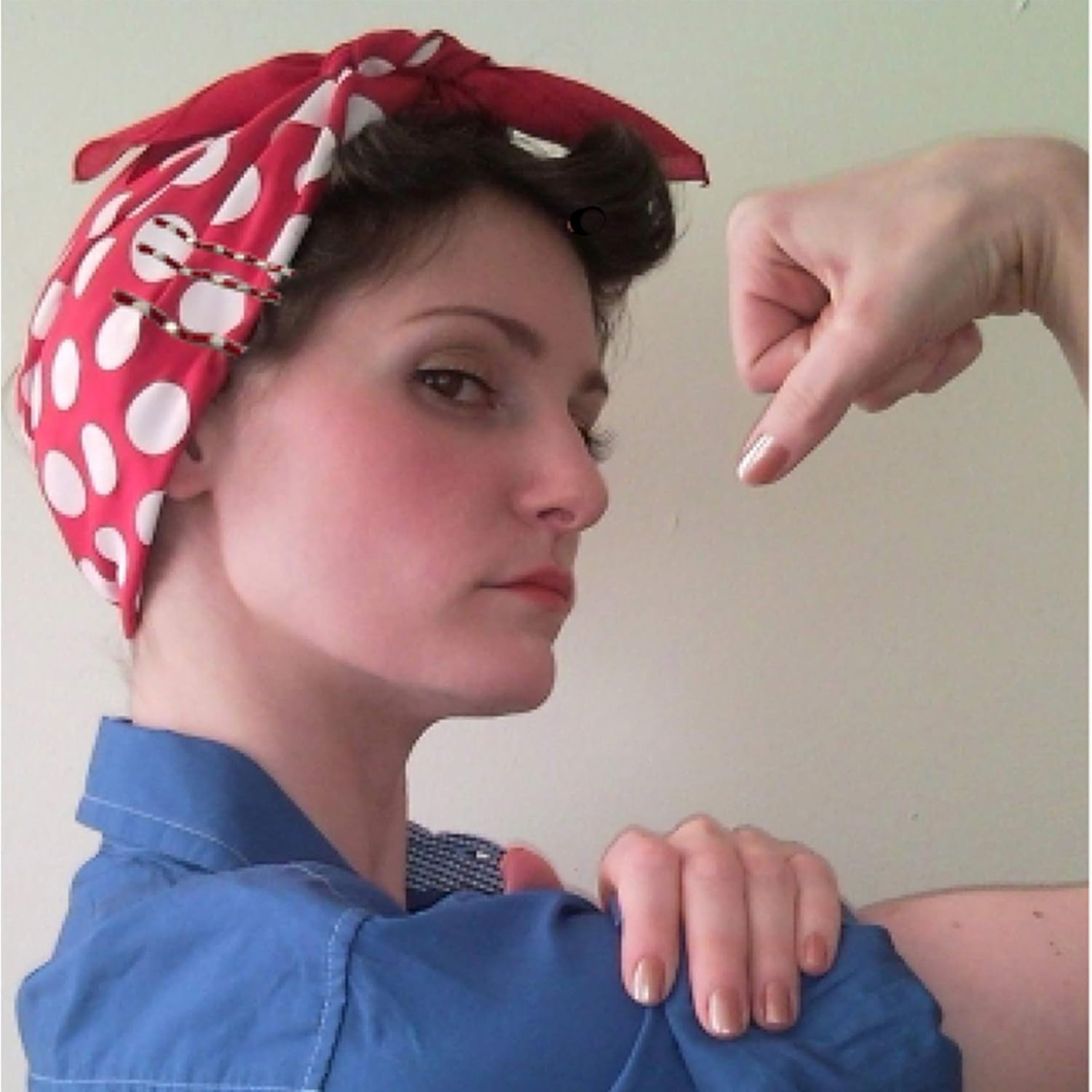 2 Item Set Rosie the Riveter Bandana with Hand-Painted Rosie Bobbie Pins, 27 inch square headscarf, WW2 Style Red and White Polkadots - Image 6