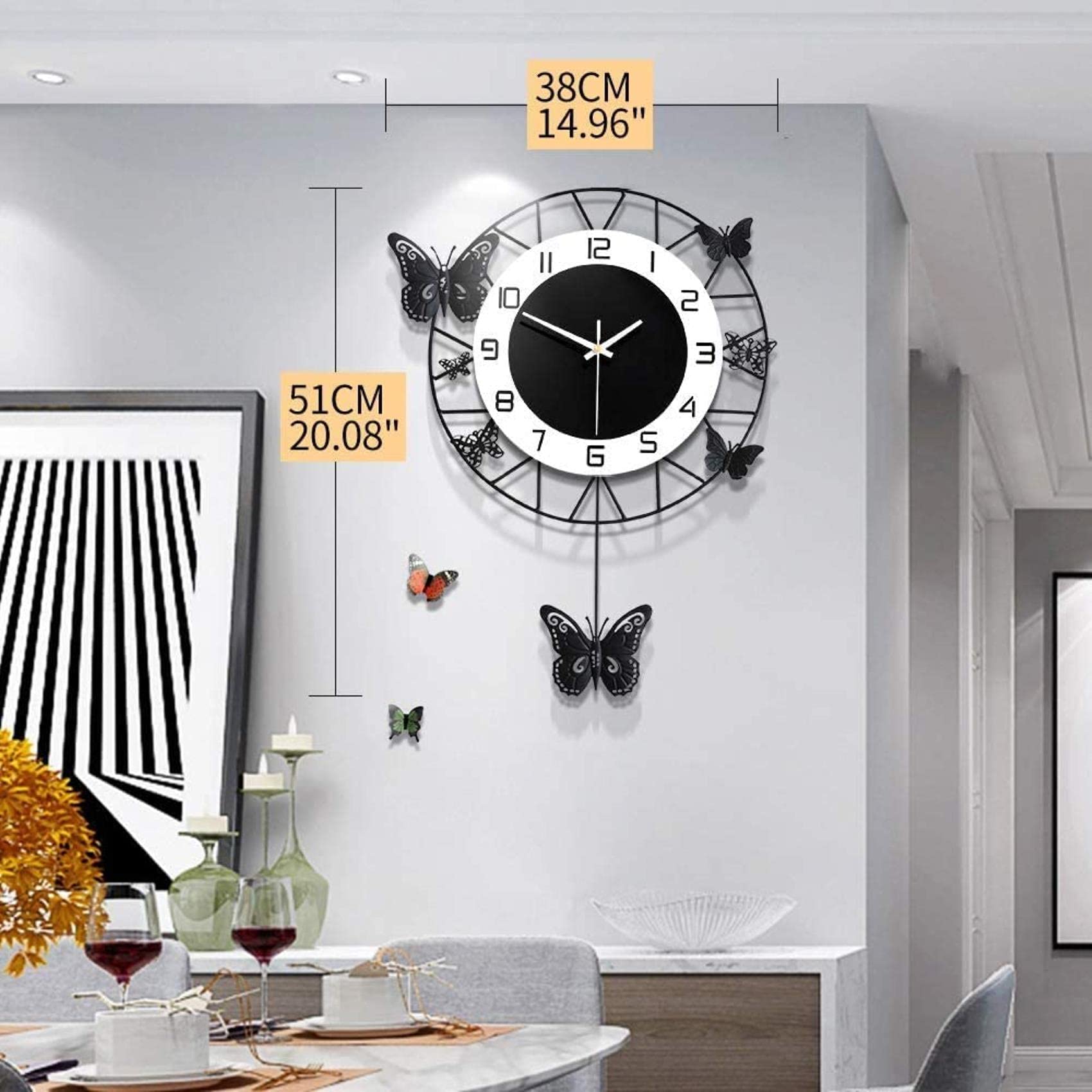Metal Wall Clock， Butterfly Pendulum Wall Clock， Non-Ticking