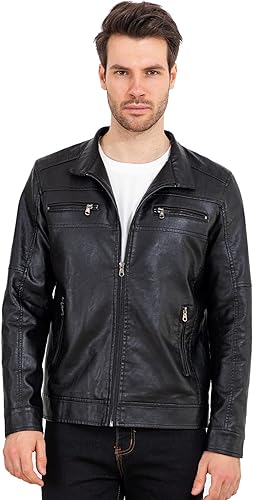 Miniatura 4 de VICALLED Chaqueta de cuero para hombre Slim Fit Stand Collar PU Chaqueta de motocicleta ligera