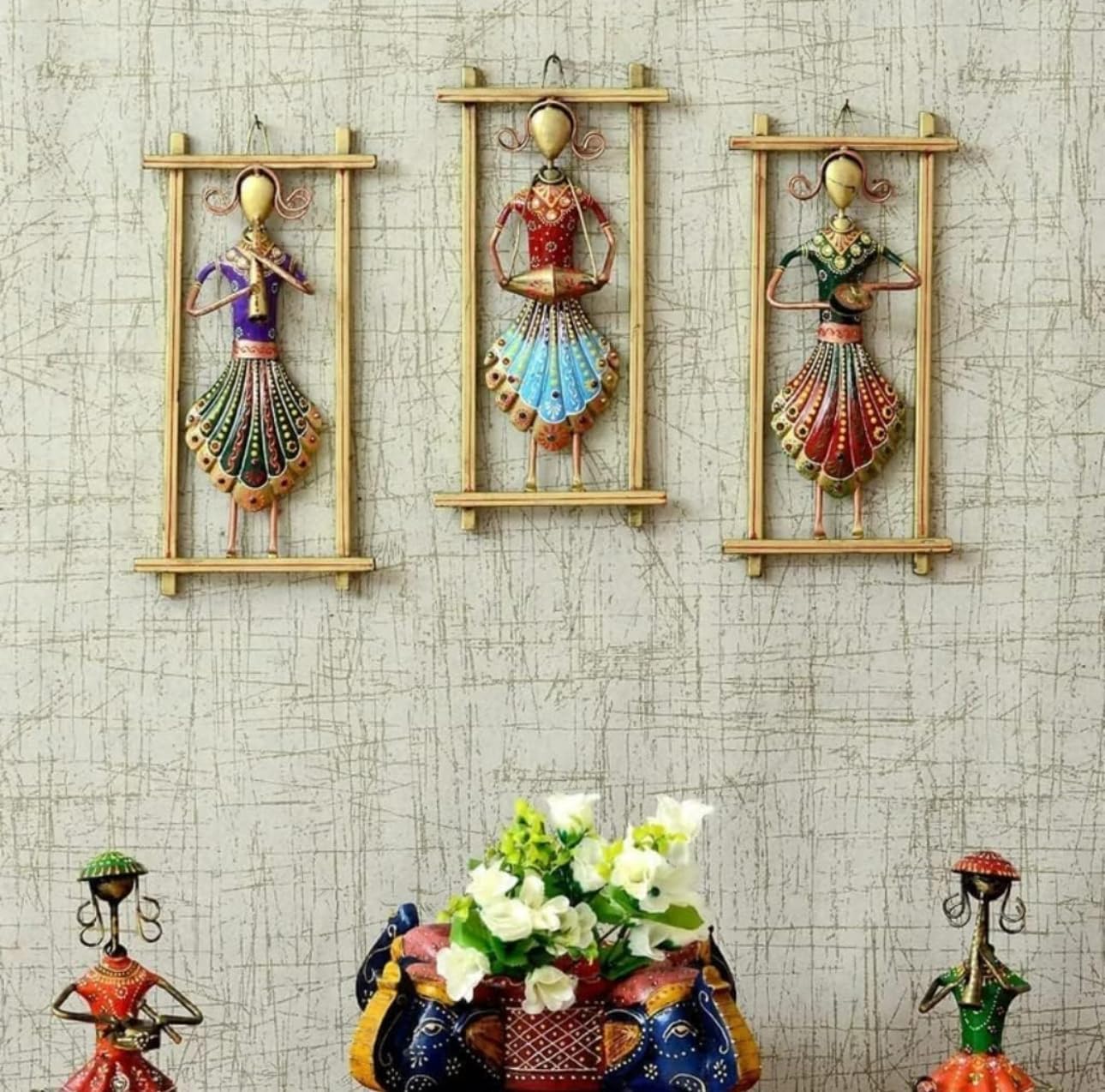 RSN Metal Wall Art for Home Office Living Room Decor Handmade Rajasthani Musician Showpiece for Wall Decoration - Set of 3 Frames - Size-12 x 6.5 Inches Each-A2 1