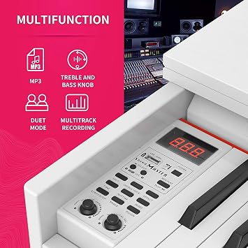 88-Key Weighted Digital Piano, Electric Upright Piano with 3-Pedal Unit Board, LCD Screen, Multi-Functional Full Size Keyboard and Power Adapter for Beginner/Adult (White(with Piano Bench))