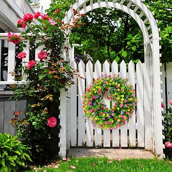 Spring Wreath for Front Door,45cm Farmhouse Colorful Cottage Wreath,Green Eucalyptus Wreath with Flowers,Summer Wreath,Outdoor Green Door Wreath,Spring Summer Decoration Indoor (colorful)
