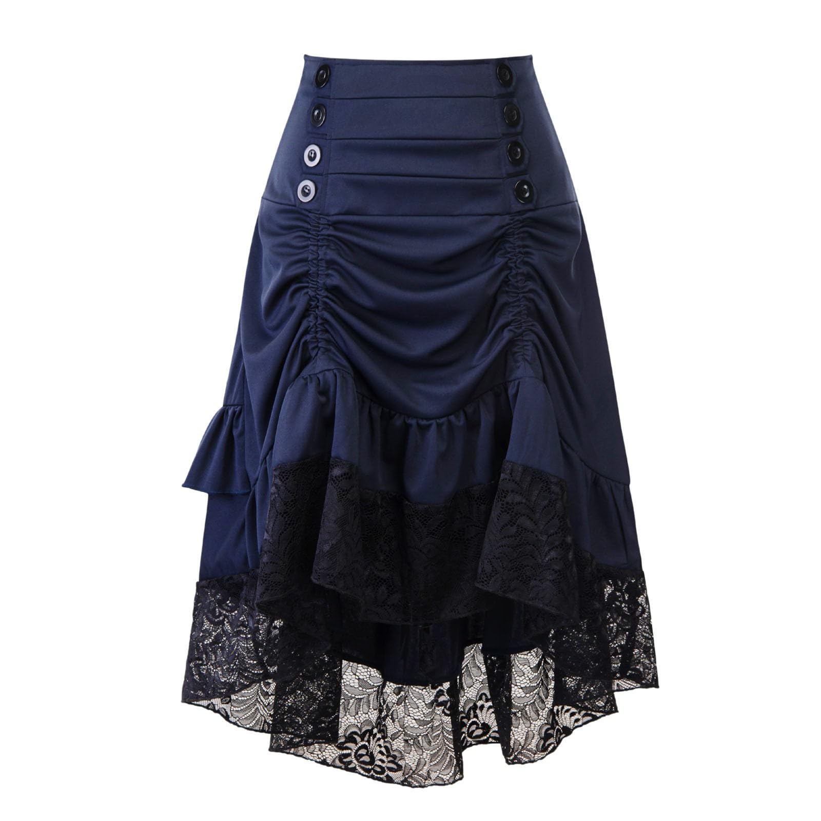 Generic Women Steampunk Victorian Renaissance Gothic Lace Ruffled Skirts Vintage Court Style High Low Hem Midi Gothic Skirt Blue, Large