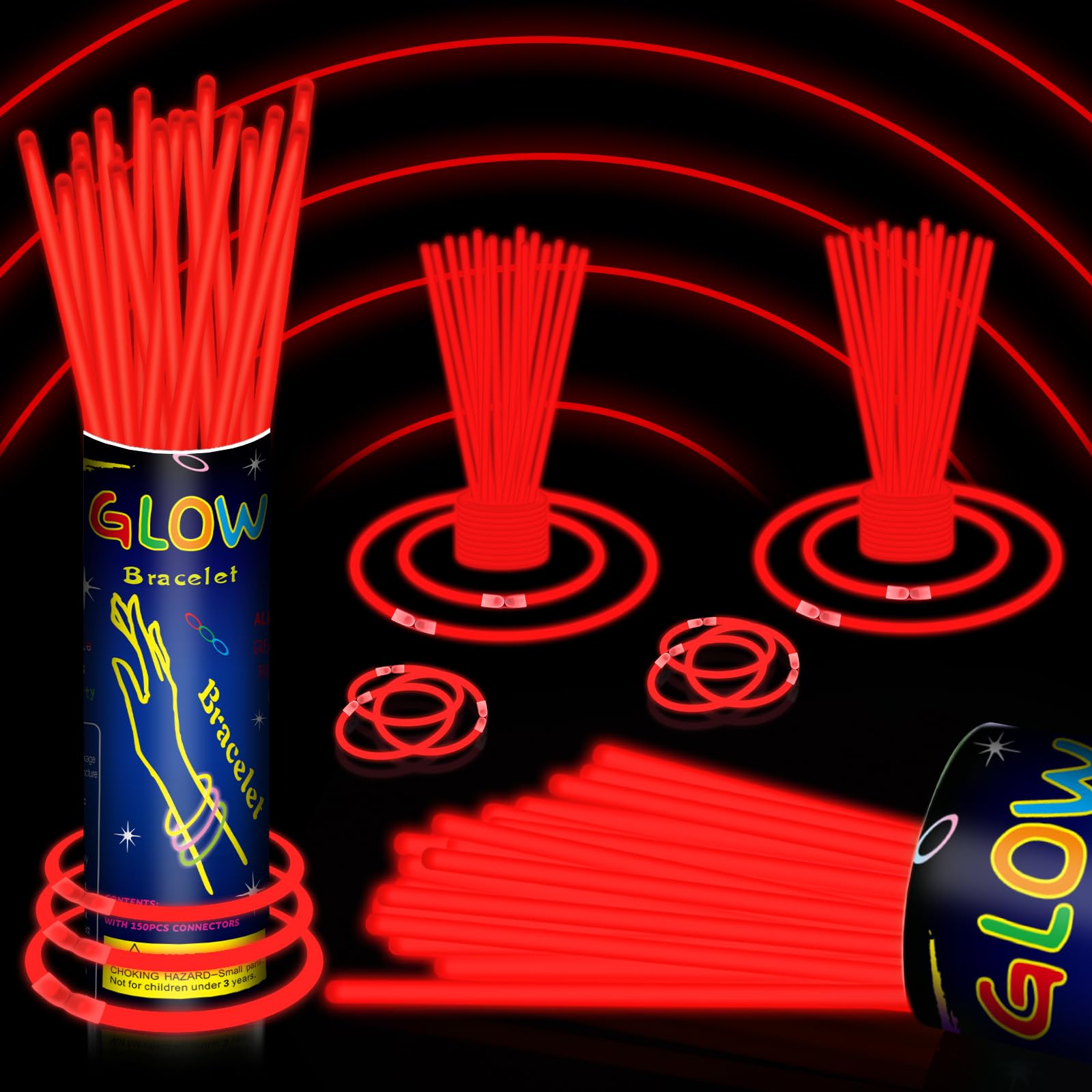 Photo 1 of 120 Pcs 8" Red Glow Sticks Bulk, Glow Necklaces and Bracelets Set with Connectors – Bright Neon Glow in The Dark Party Favors for Birthday Christmas New Year Halloween 4th of July Wedding Carnival