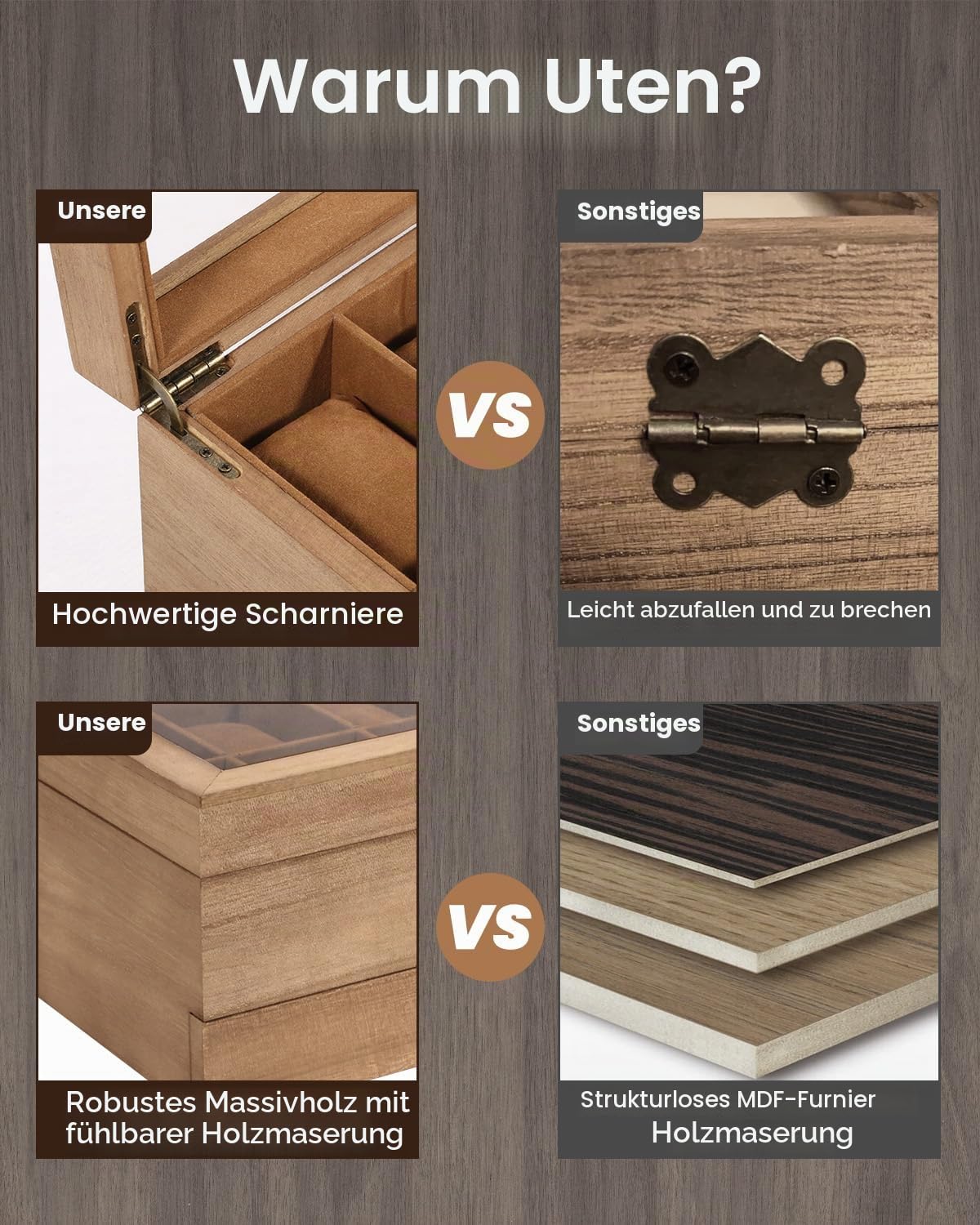 Uten Uhrenbox mit 12 Fächern, 2 Ebenen Uhrenkasten aus Massivholz mit Glasdeckel, Uhrenkissen Seidenbaumwolle, Schmuckaufbewahrung, Geschenkidee，Braunes Futter