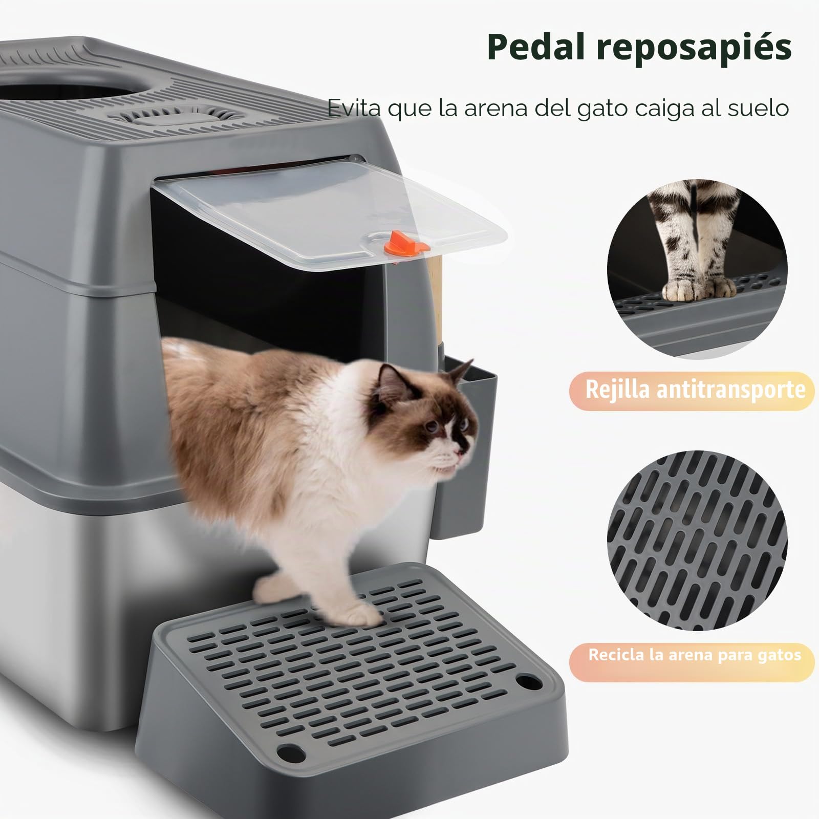 Caja de Arena para Gatos de Acero Inoxidable con Tapa, Bandeja de Arena de Metal extraíble de Alta Cara Cerrada con Bandeja de tamizado, Cuchara, Antiadherente, fácil Limpieza (Gris)