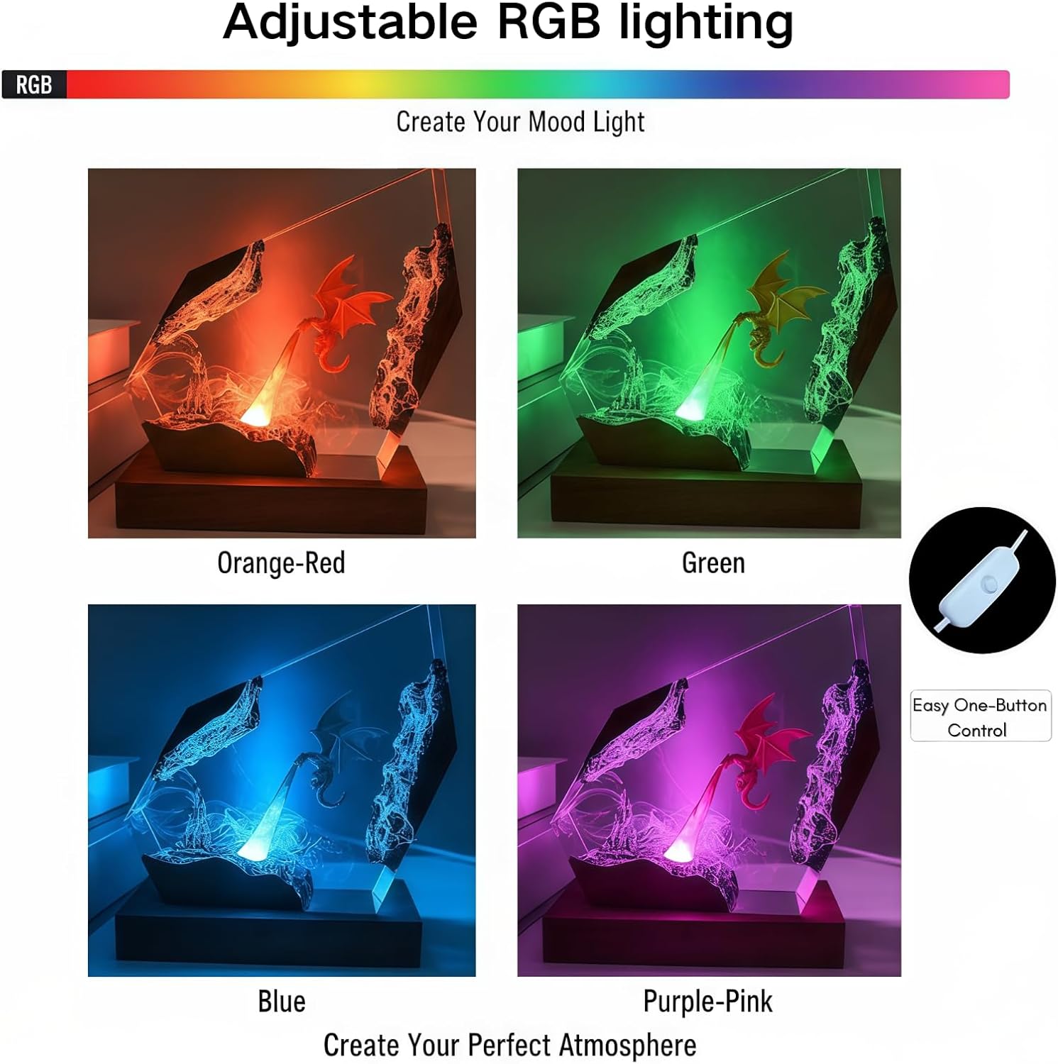 Epoxy Fire Dragon Resin Lamp, Multi-Color LED Light, Handmade Resin Night Light with USB Port, Fantasy Enthusiast Collectibles, Birthday Graduation Gift for Son, Husband, Boyfriend (S)