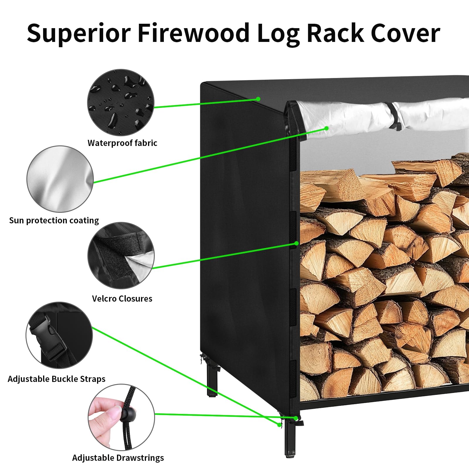 Feuerschale Abdeckung, Schutzhülle Feuerschale Abdeckung for Brennholzregal im Freien mit Aufbewahrungstasche,strapazierfähige,wasserdichte for Kamin,Feuerstellen,Holzstapel-stuch,Holz(244x60x104CM)
