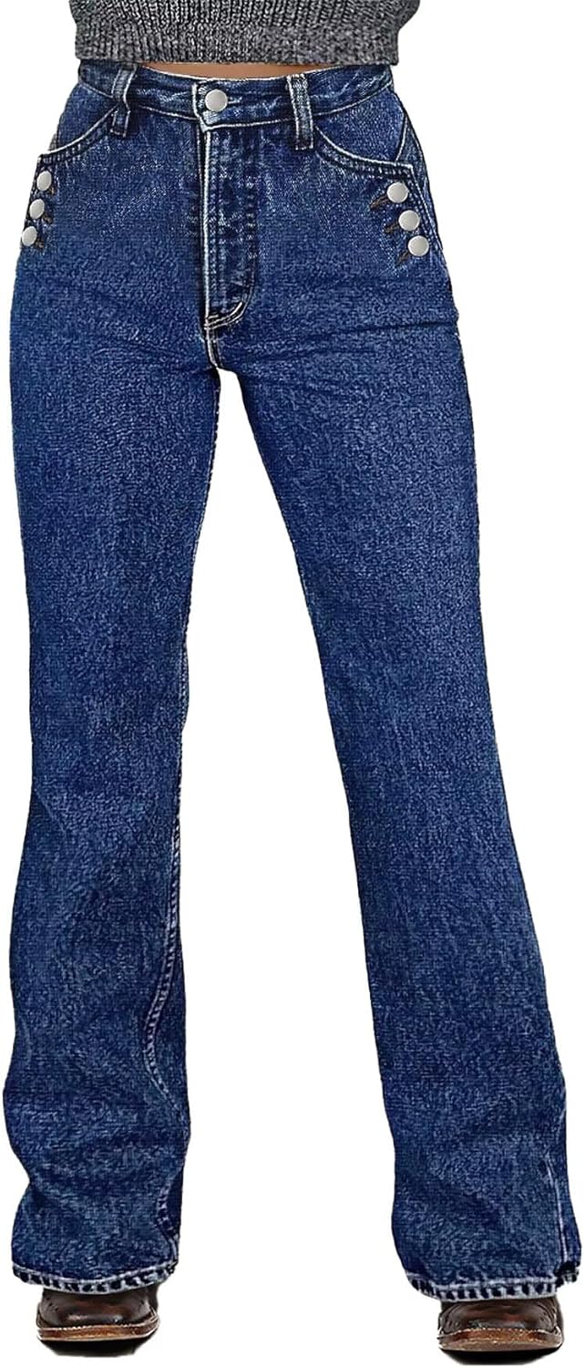 Flamingals Bootcut High Waist Button Decor Solid Trouser Jeans for Women Stretch Casual Denim Pants