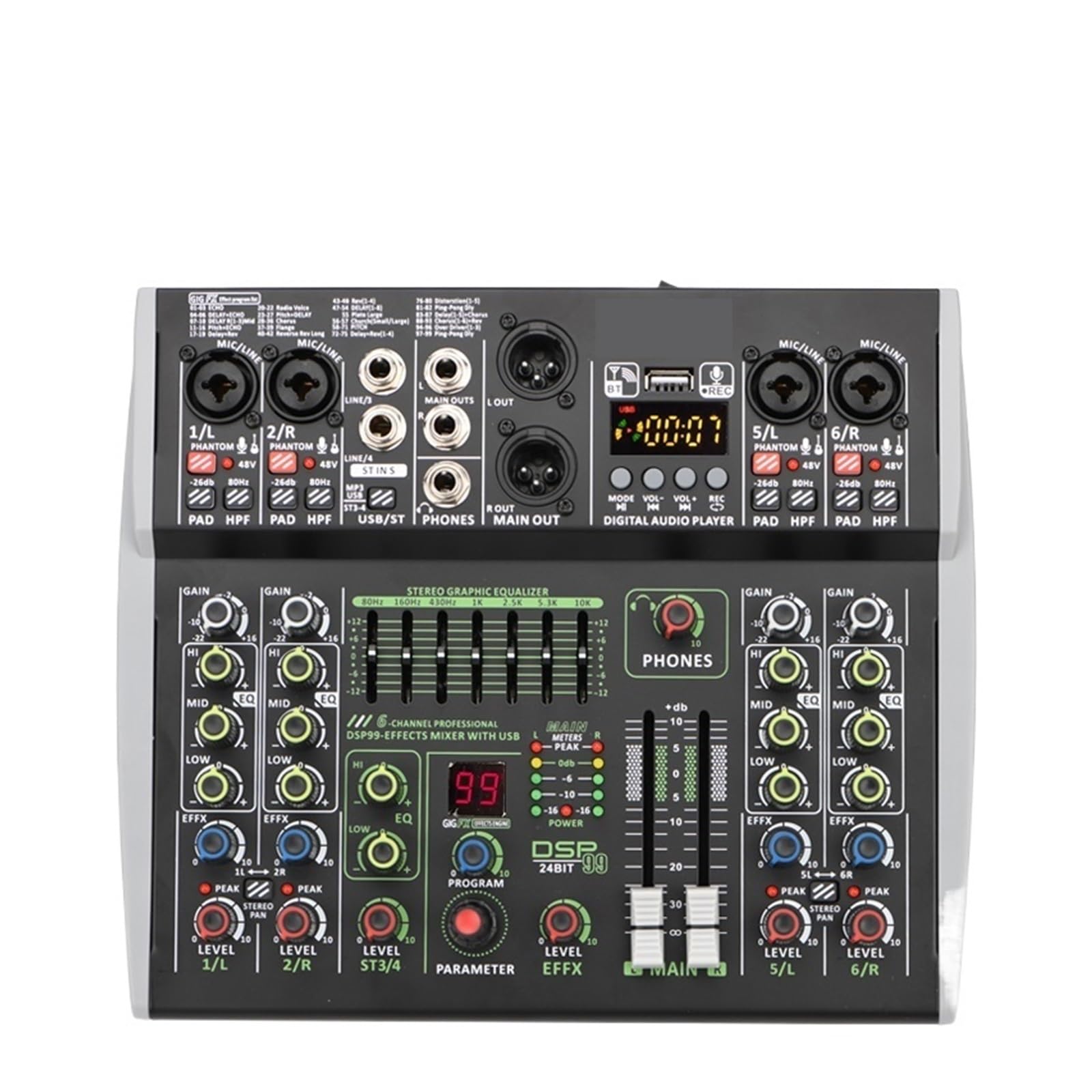 VChics Mixer Audio, Mini Mixer Audio A 6 Canali Console di Missaggio Audio 48V 99 DSP Tavolo PC USB Professionale Registra Riproduzione per Chitarre, Bassi, tastiere