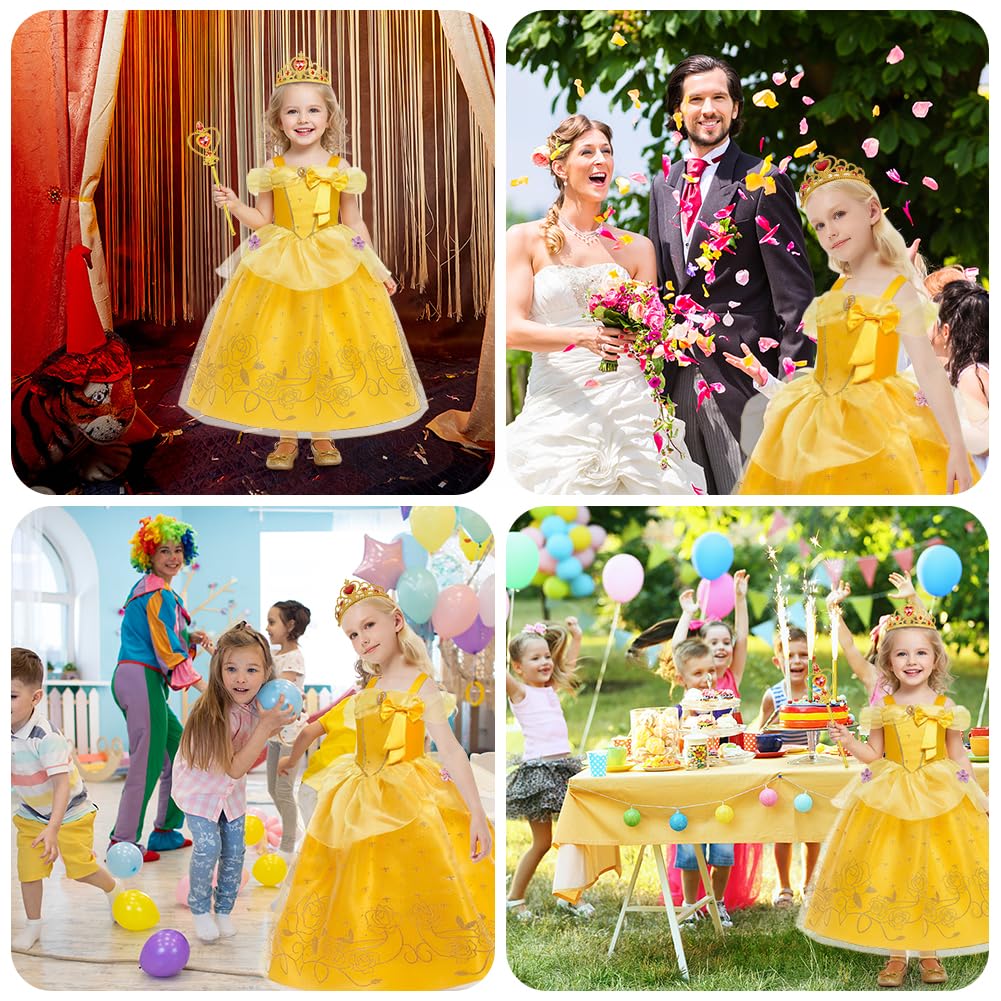 Belle Costume, Ragazze La Bella e La Bestia Costumi, Principessa Belle Vestito con Corona e Bacchetta, Bambina Bella Set per Cosplay Natale Festa Halloween, 120