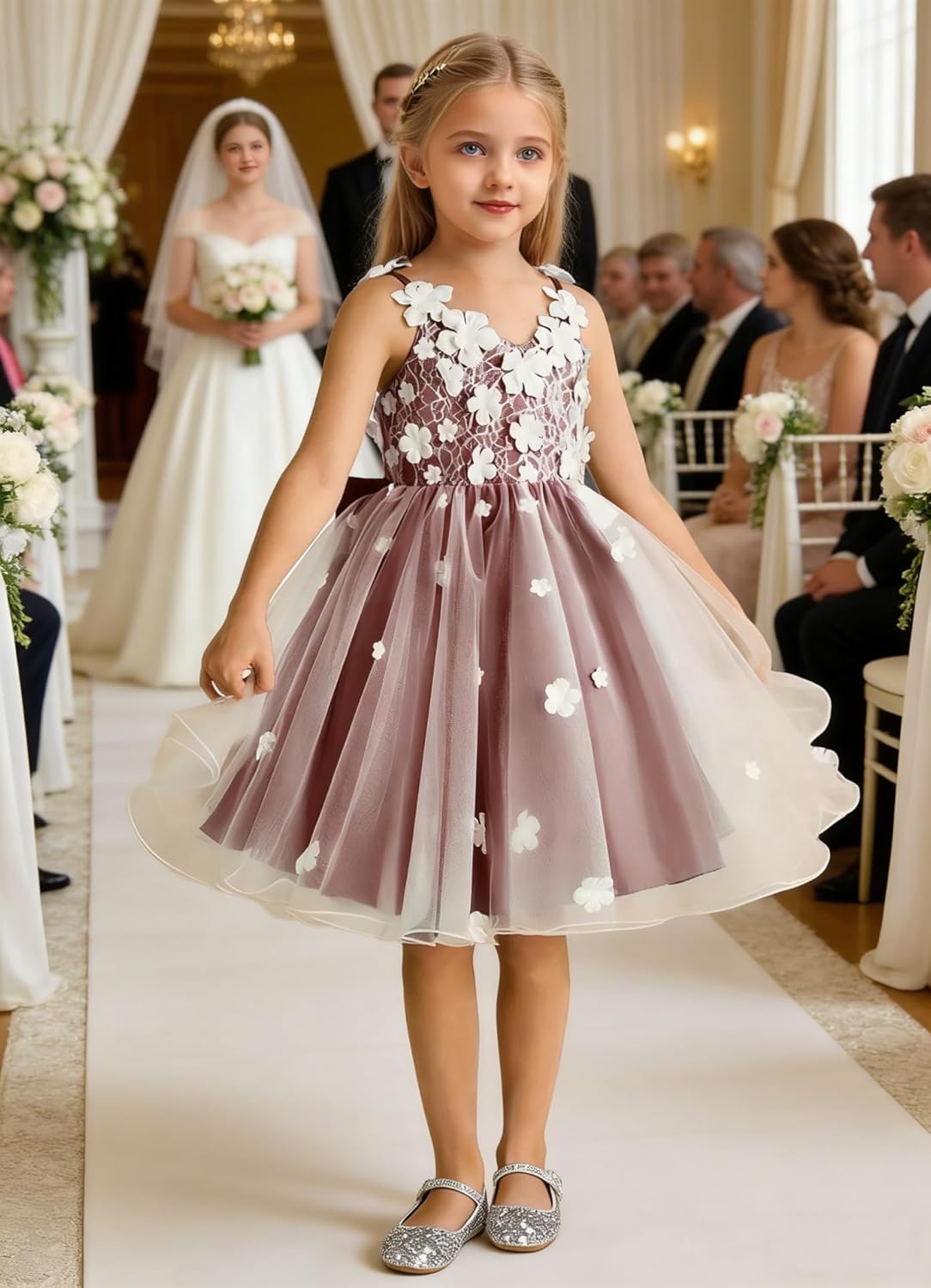 Girls Lace Flower Girl Dress 3D Floral Sleeveless Tulle Princess Wedding Pageant Party Dresses with Big Bow
