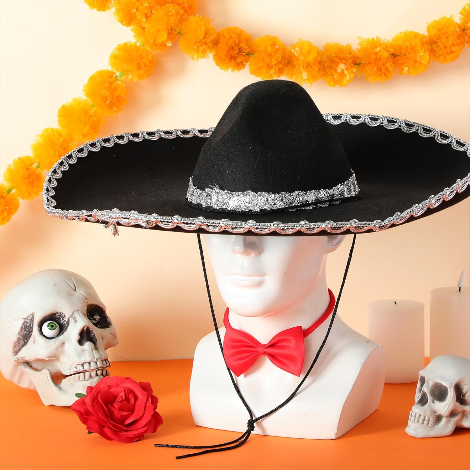 JenPen 3 Pcs Halloween Day of the Dead Mariachi Senor Adult Costume Accessory Silver Trim Black Sombrero, Bow Tie, Rose Decor