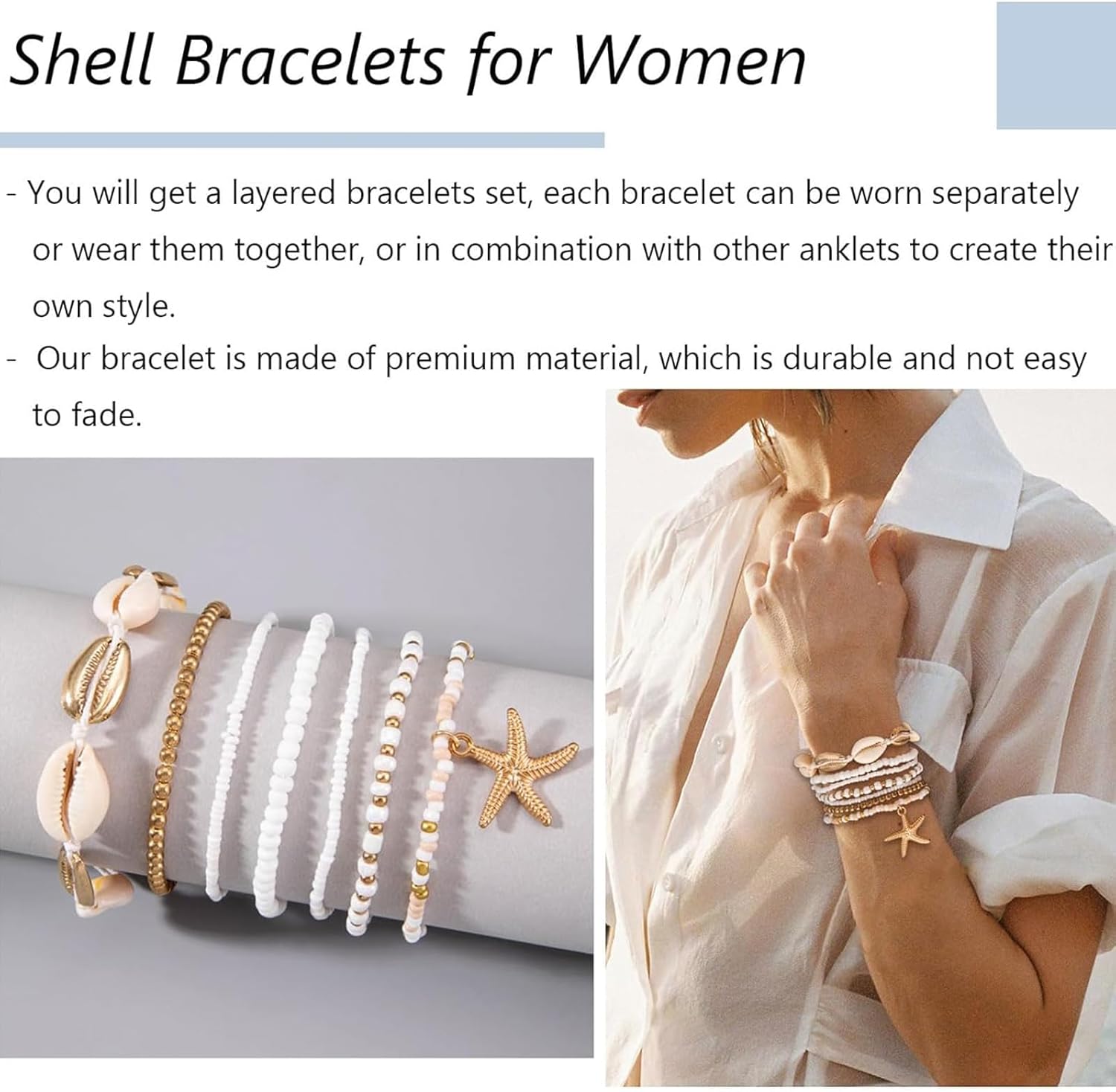 Long tiantian Shell Bracelets for Women Boho Layered Beaded Bracelets Starfish Bracelet Summer Beach Bracelet Stuff Jewelry Accessories for Women - Image 4