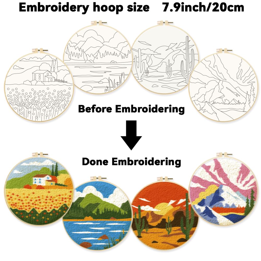 ORIGACH Kit de iniciación de bordado de paisaje de 4 piezas para principiantes, montaña, lago, desierto, paisaje rústico, kit de práctica de puntada que incluye paño de bordado, aros de bordado, hilos