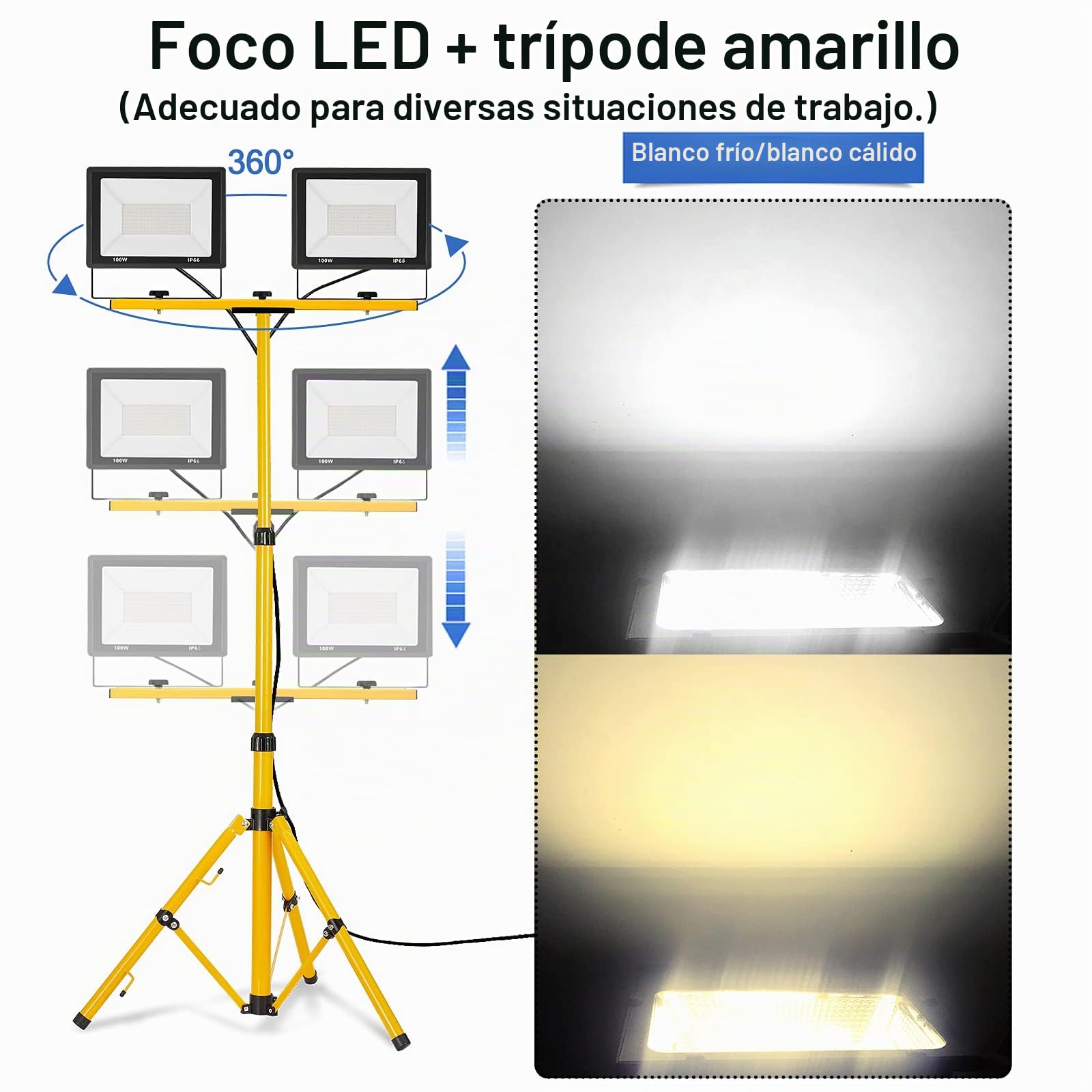 Froadp 2x200W Proyector Doble LED Con Trípode, Foco LED Portatil Luz de Trabajo, aluminio, con cable de 3 m y enchufe de la UE, Apto Para Interior y Exterior (Blanco Frio)