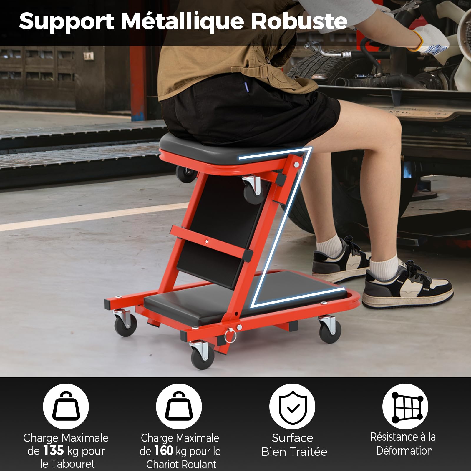 GYMAX Chariot d'Atelier en Forme de Z, Plateau d'Atelier Pliable 2 en 1, Planche de Montage Roulante avec Siège Rembourré et 6 Roues, Fonction Assise et Couchée, pour Réparation Automobile (Noir)