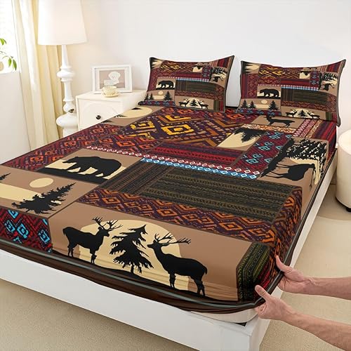 Miniatura 6 de Juego de ropa de cama de ciervo, alce y oso, tamaño Queen, diseño azteca occidental, juego de sábanas rústicas para adolescentes y hombres, sábana