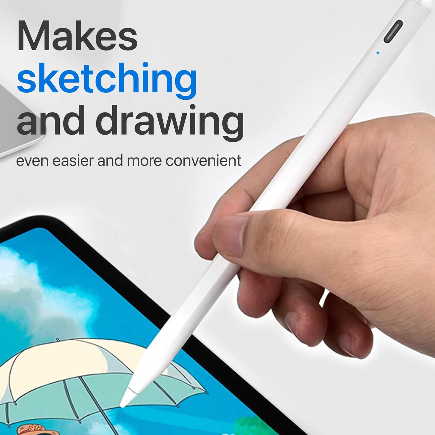 Hand holding the stylus, drawing on a tablet screen.