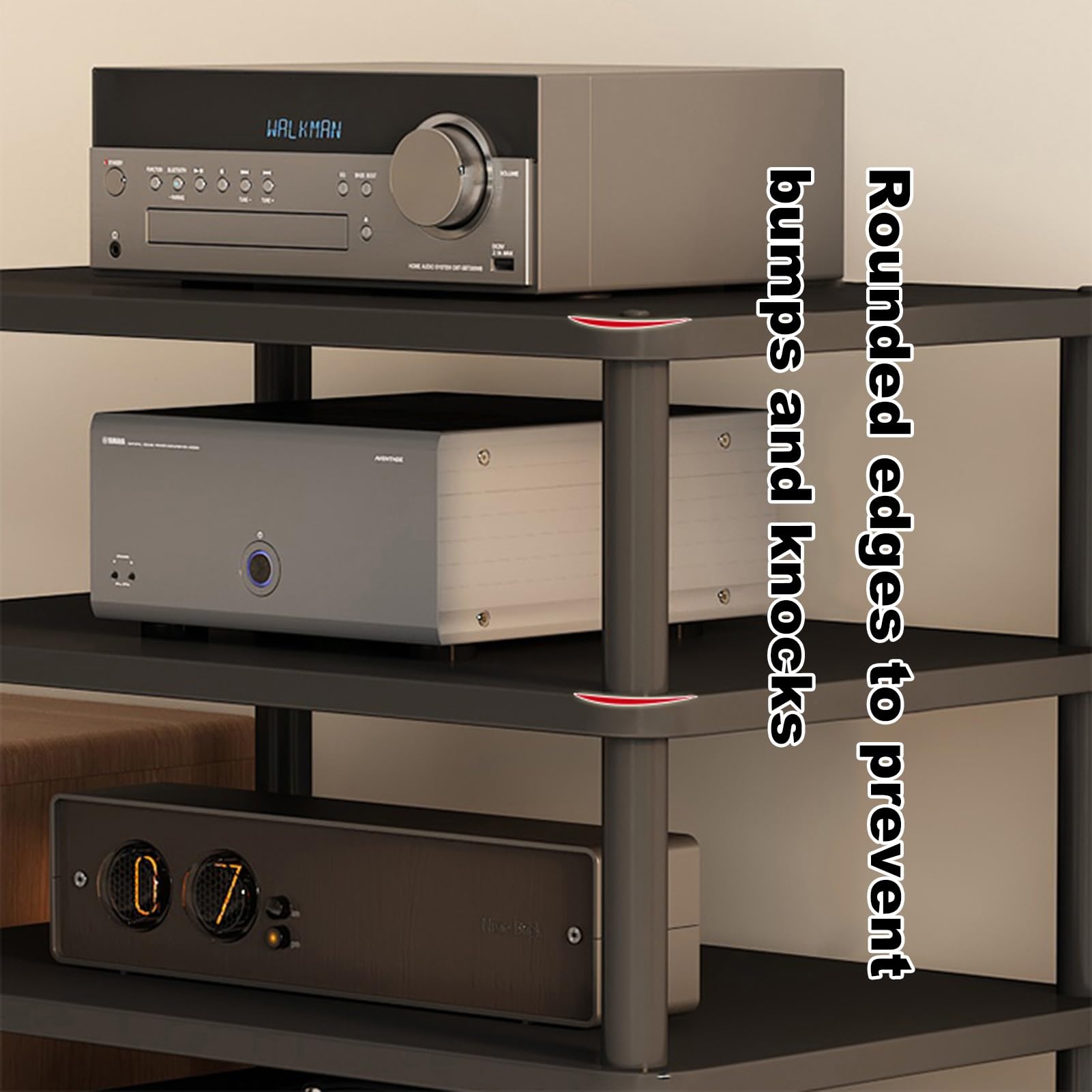 Supporto multimediale AV a 2/3/4 livelli con lettore CD, impianto stereo, autoportante/mobile, con ripiani in legno regolabili in altezza per casa/ufficio/home cinema (legno di noce chiaro, 3 livelli)