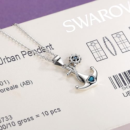 Miniatura 5 de JUFU 925 Collar náutico corazón del océano azul de plata esterlina ancla y timón., Base con chapado de oro, Azul, JUFU