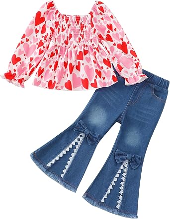 SODLON Toddler Baby Girl Clothes Little Girls Fall Winter Outfits Kids Smocked Shirt Bell Bottom Jeans Denim Pants Clothing