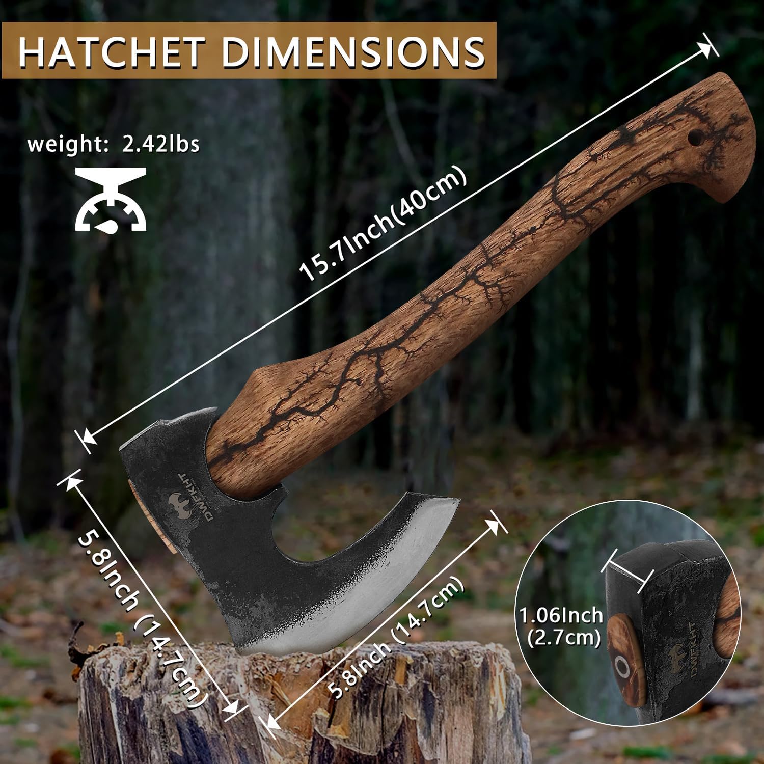Hatchet, 15.7" Bearded Axe with Lichtenberg Pattern Handle, Hatchet Axe with Leather Sheath and Axe Sharpener, Bushcraft Axe for Outdoor Survival and Gardening