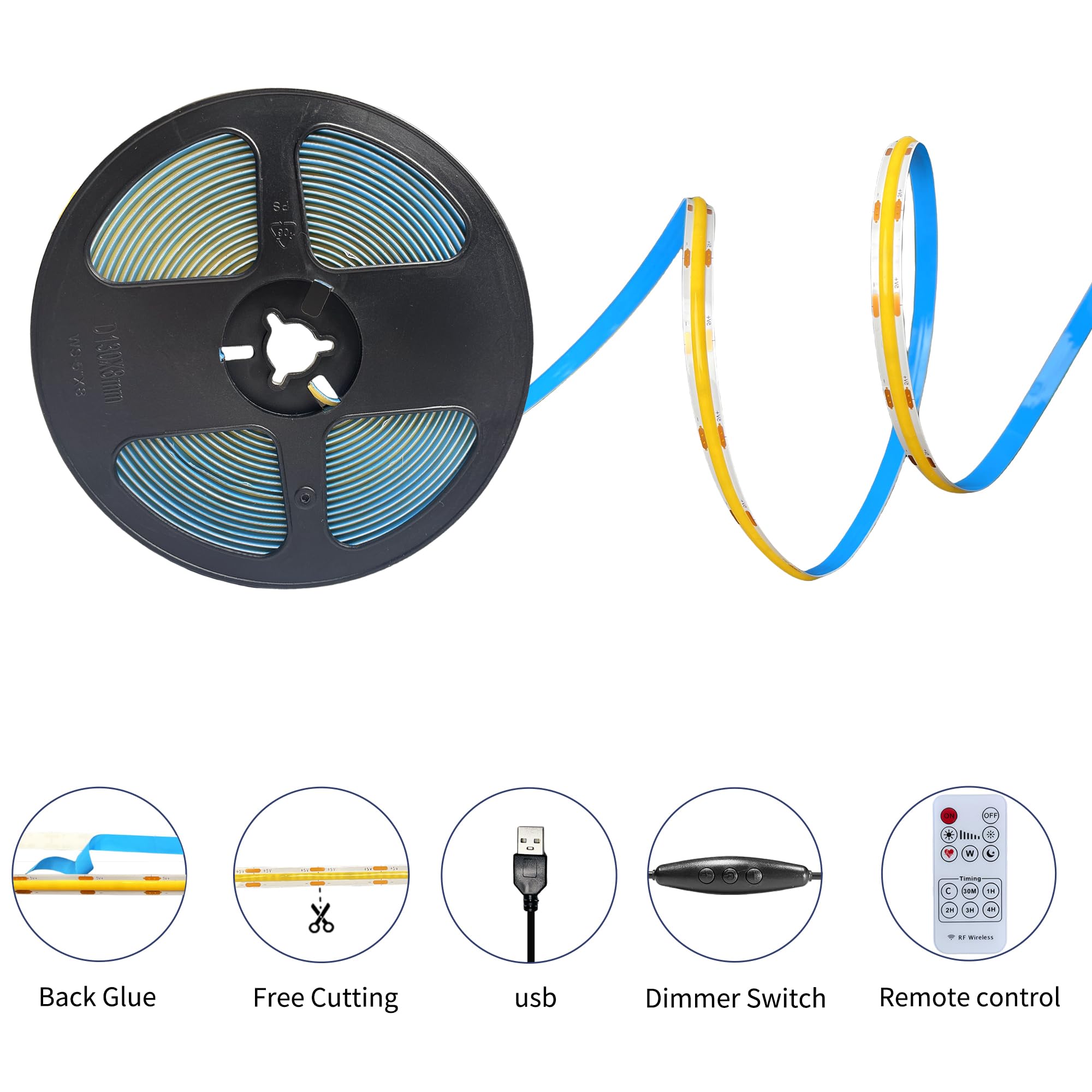 Clearhill 5V 8mm Width USB COB LED Strip Lights with Remote Dimmable Switch,Natural White 4000K,320LEDs/M,8W/M,CRI90,16.4FT/5M,Electroplated Double-Sided Panel Light Strip,IP20,for Indoor Decoration - Image 4