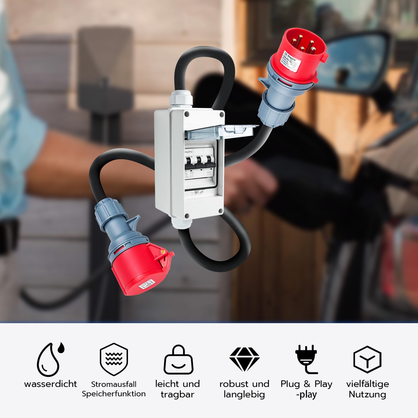 adattatore CEE da 32 A a 16 A, 230 V con interruttore di protezione, IP44, connettore e accoppiatore a 5 pin con cavo di prolunga CEE da 2,5 mm²