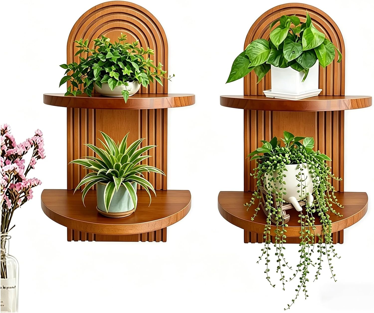 Boho Hanging Plant Shelf Set of 2, Mid Century Modern Wooden Floating Wall Shelves, Natural Wood, for Living Room, Bedroom, Bathroom, Home Office (Brown)
