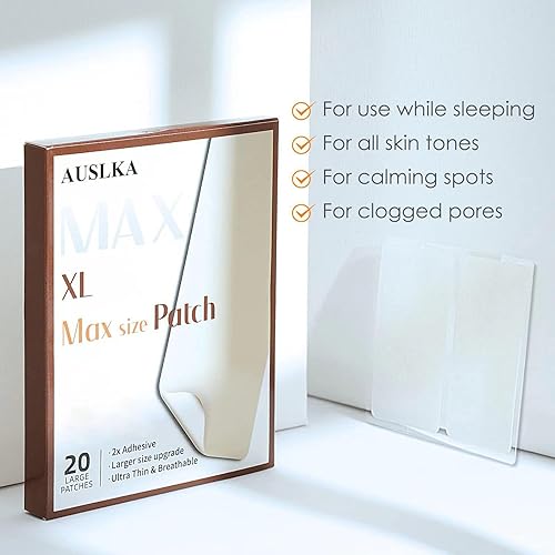 Miniatura 3 de AUSLKA Parches de espinillas grandes XL - 20 tiras - Puntos hidrocoloides - Parche de manchas - Brotes de granos - Calcomanías de manchas - Tamaño