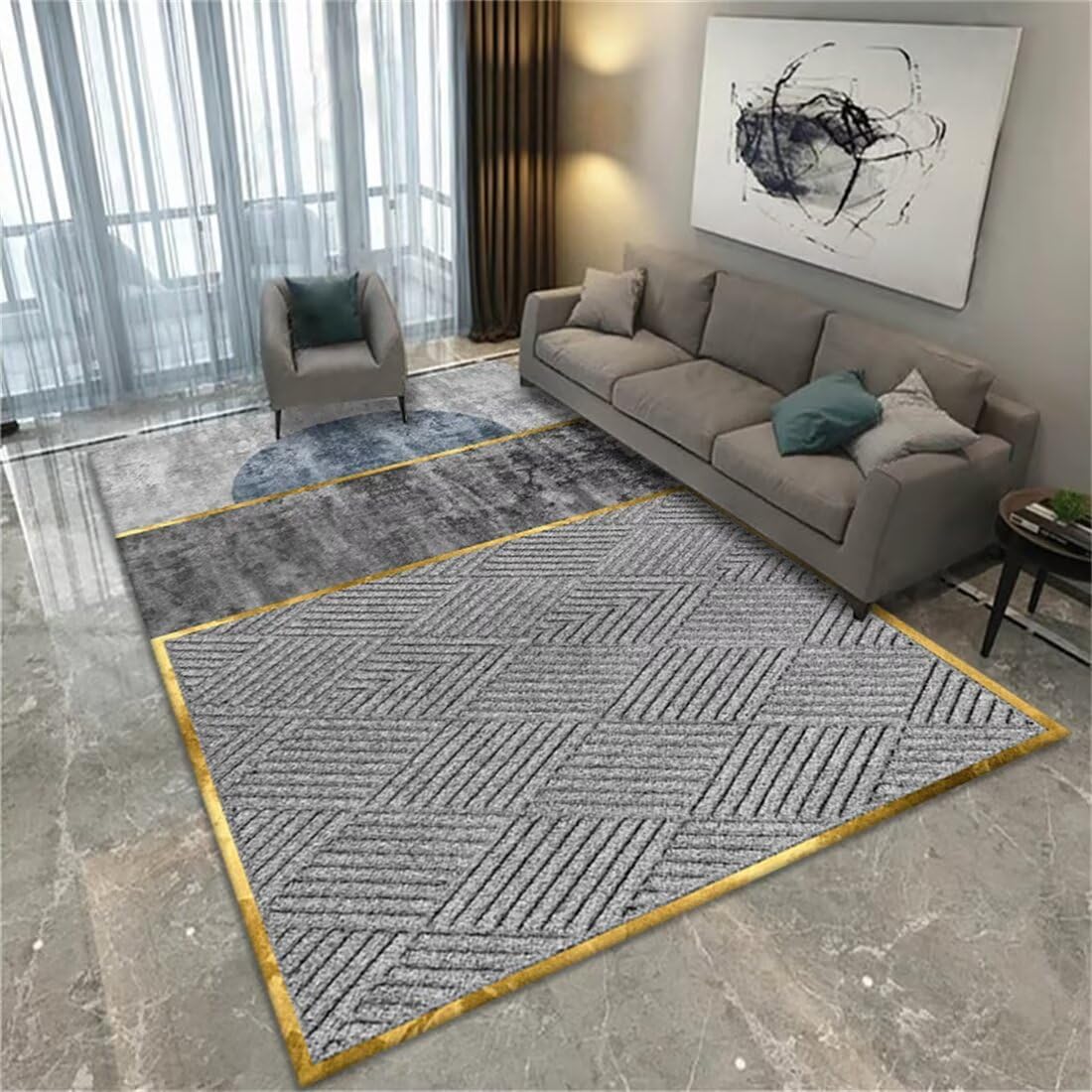 Tapis de décoration moderne gris bleu avec texture géométrique haut de gamme