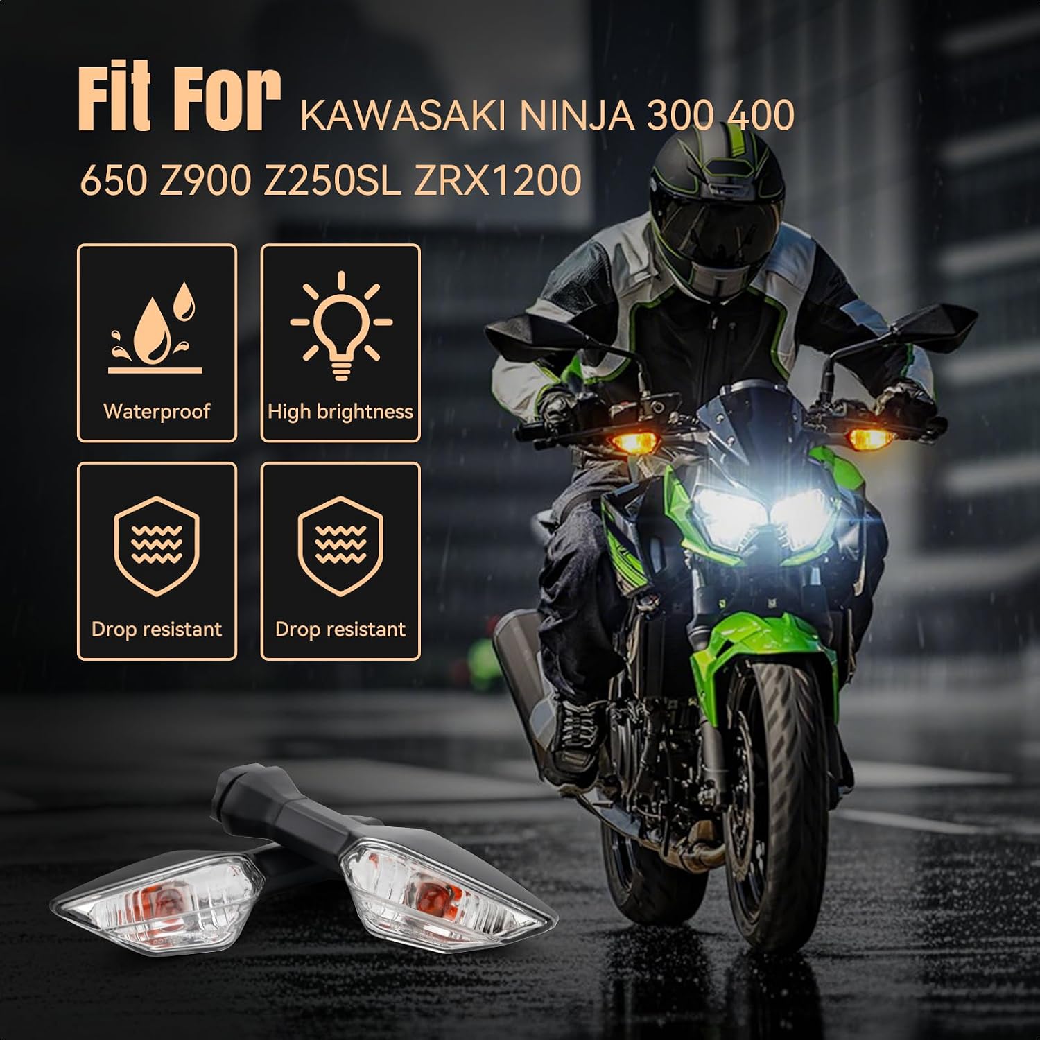 Motorcycle Turn Signals Indicator Light Fit For KAWASAKI NINJA 300 400 650 Z900 Z250SL ZRX1200 Front/Rear Blinker Lamp Fit For ER-6N ZX-6R Z1000SX (Transparent Shell)