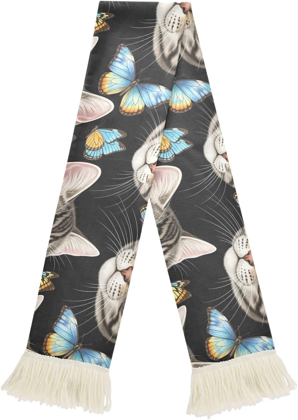 CHIFIGNO Cat Butterflies Black Sports Fan Scarf for Soccer Games, Soft Polyester Sweat Towel with Fringe Ends, Quick Dry Rally Cheering Banner