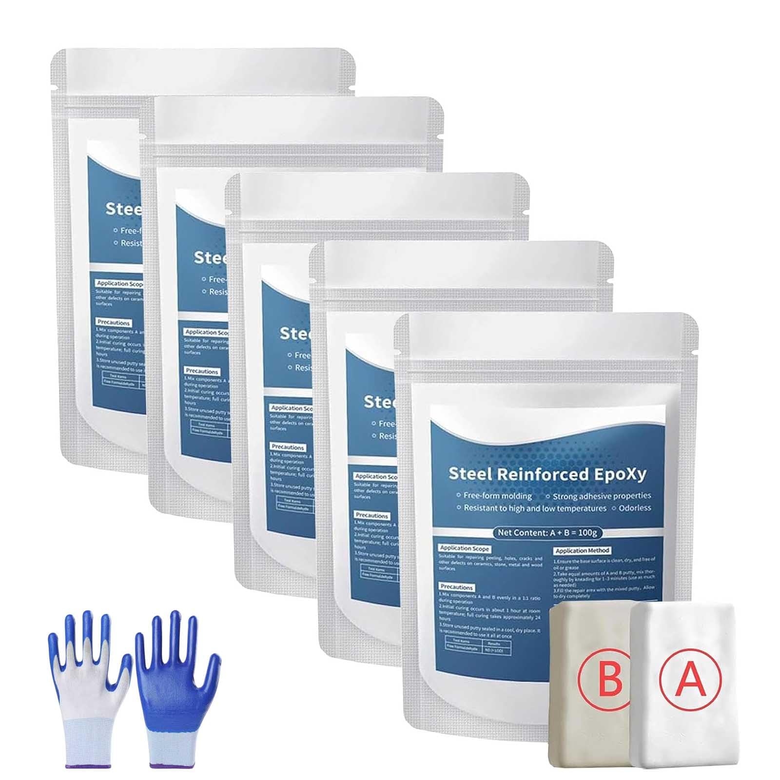 Stucco epossidico rinforzato con acciaio, Pasta riparatrice multiuso ad alta resistenza, stucco bicomponente per metallo, legno, ceramica, pietra, plastica e tubi in PVC, adesivo impermeabile (5pc)