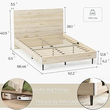 LINSY Wood Bed Frame Queen with Ergonomic Headboard, Queen Bed Frame with Storage Shelf, Noise-Free, No Box Spring Needed - Beige