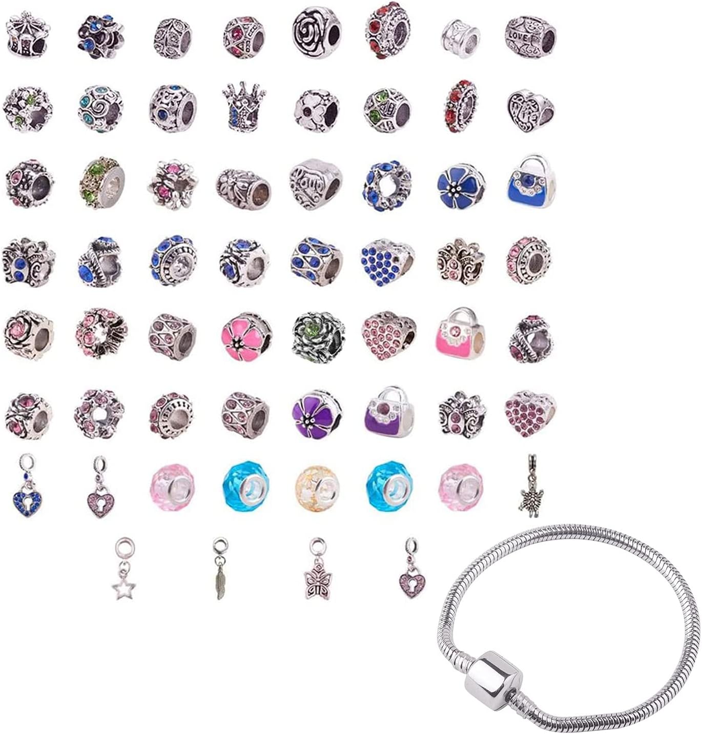 PH PandaHall 60 Pcs Murano Glass Beads Rhinestone Spacers Metal European Beads with 1 Pack European Charm Bracelet Stainless Steel Snake Chain for Bracelet DIY Jewelry Making