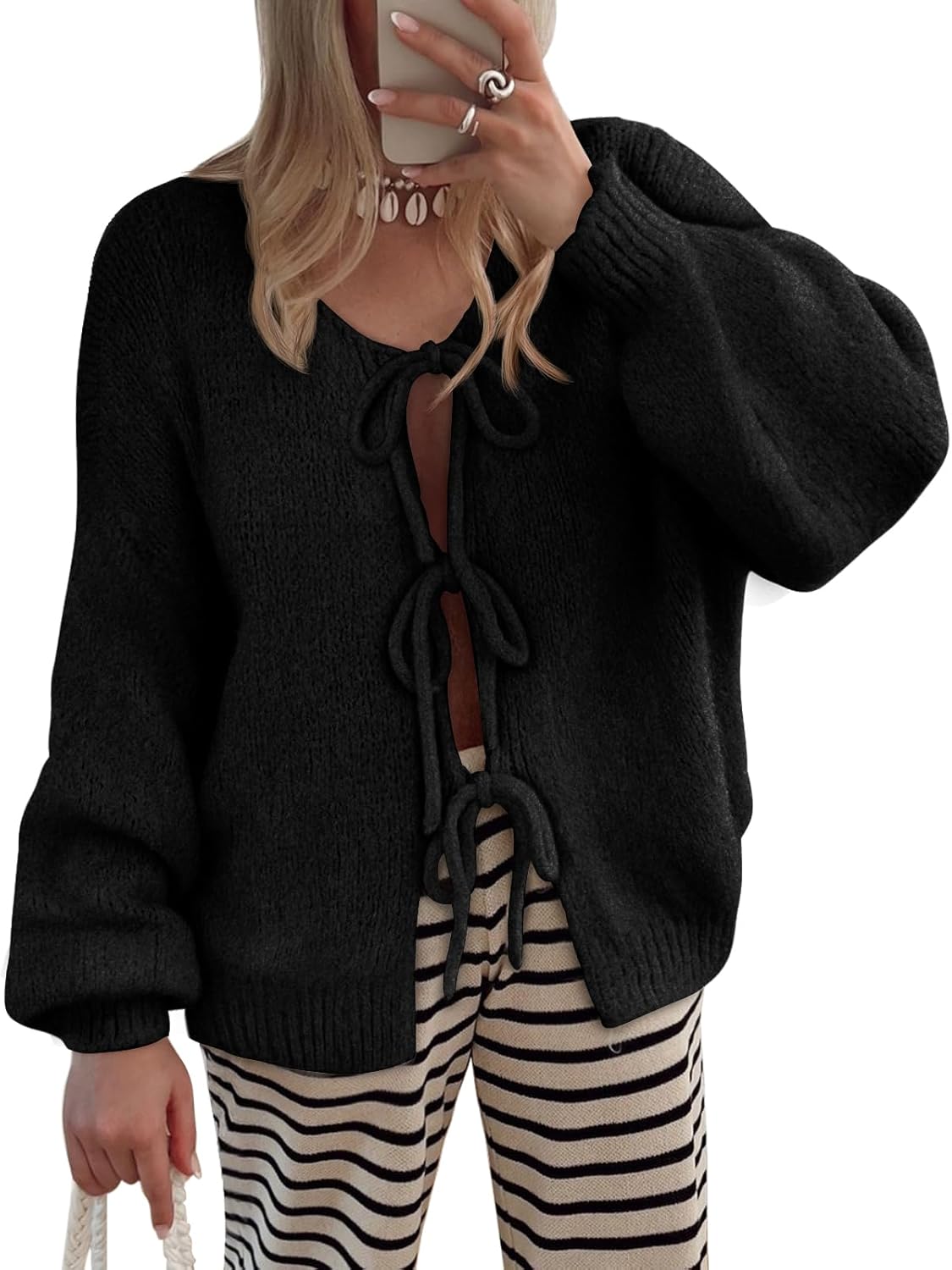 LILLUSORY Tie Front Cardigan Sweaters for Women Trendy 2026 Fall Fashion Outfits Puff Sleeve Bow Tops Cute Knit Sweater