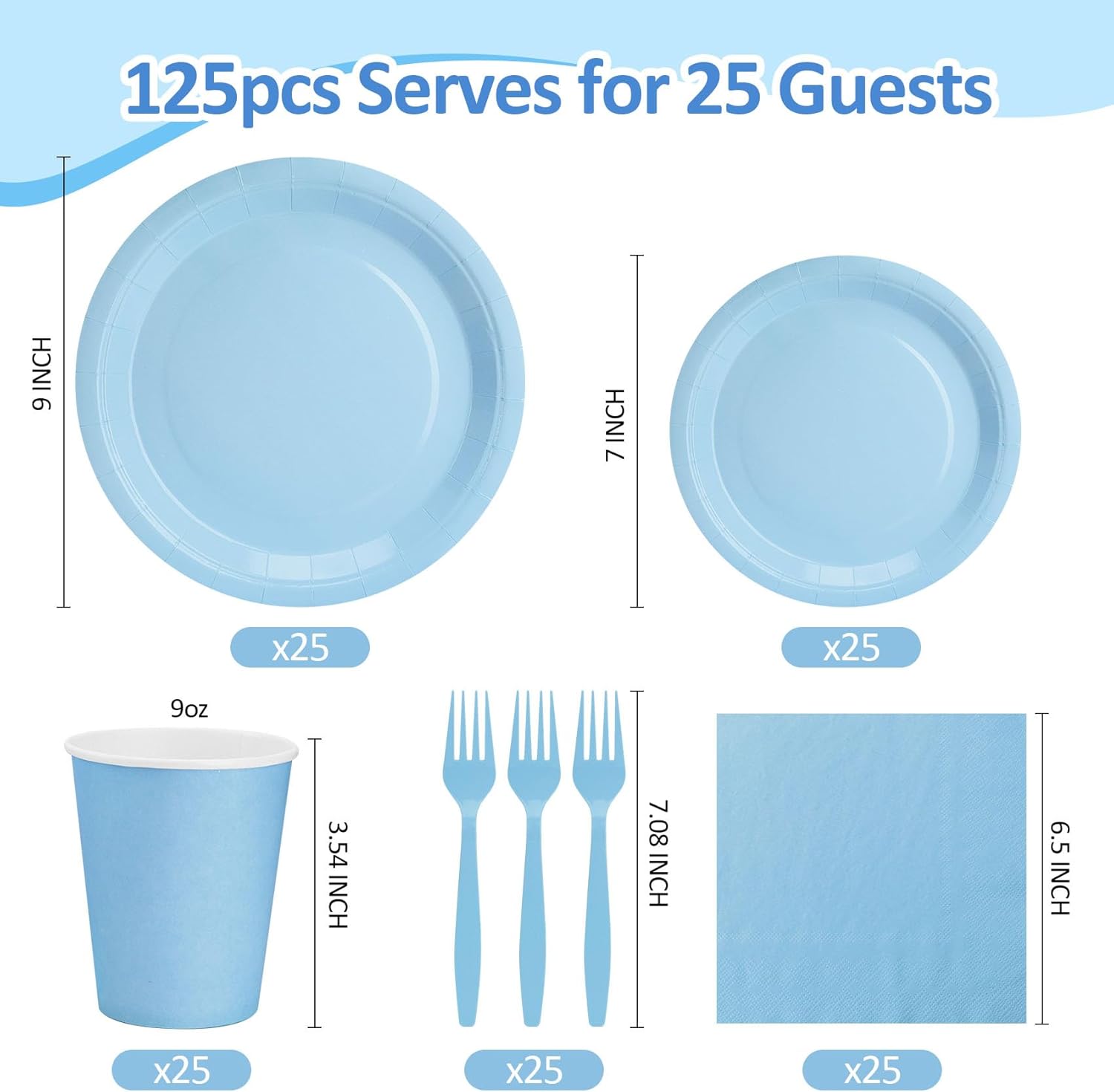 Light Blue Paper Plates and Napkins Party Supplies, Include 9’’Disposable Blue Plate, 7’’Dessert Plates Cups Napkins Forks for Baby Shower, Wedding, Birthday Decorations, Serves 25