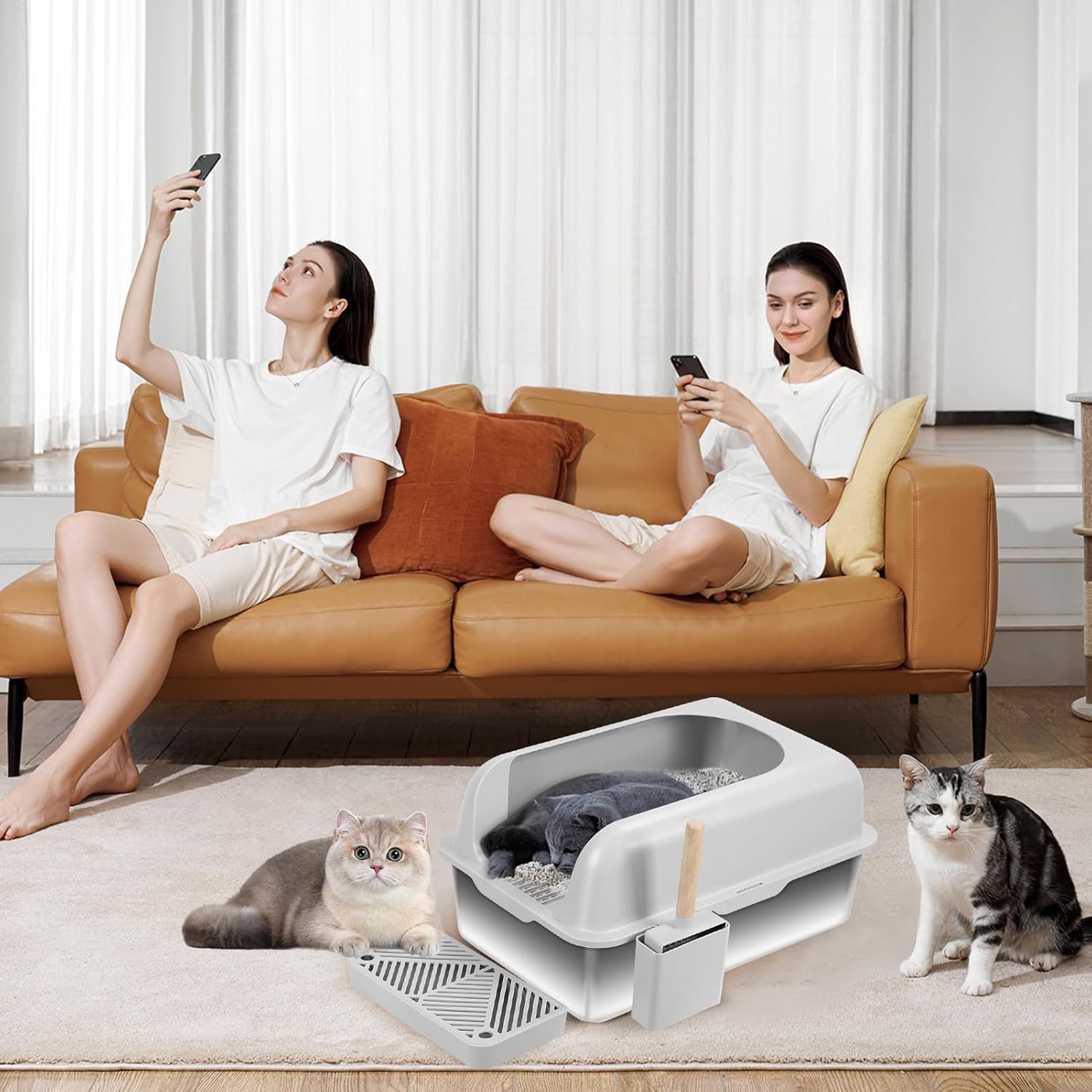 Stainless Steel Cat Litter Box, Extra Large Semi-Closed Litter Pan with High Sides & Non-Stick Surface, High Sided Litter Box, Odorless Easy Clean Design, Anti-Leakage for Multiple Cats 1 Set