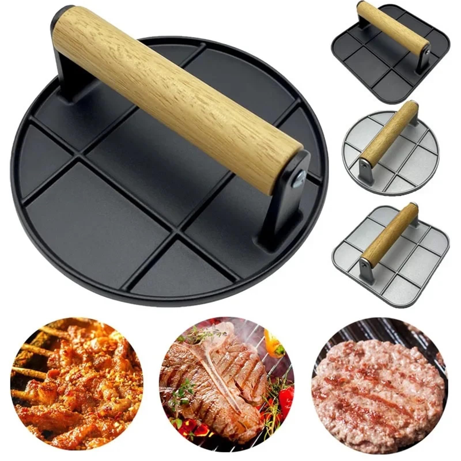 Prensa De Hamburguesas Hierro Fundido For Exteriores, Carne Antiadherente Aleación Aluminio con Mango Madera For Barbacoa En La Cocina del Hogar(Round-Black)