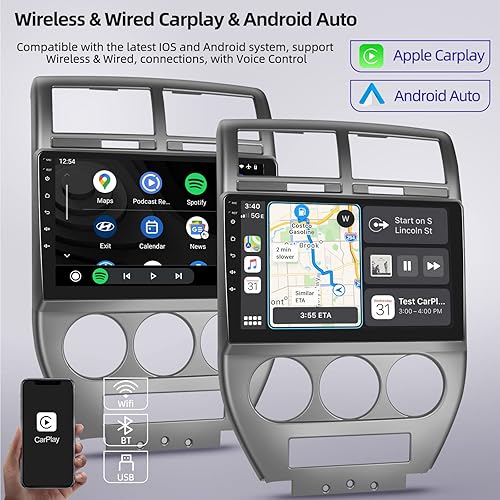 Miniatura 3 de [2+64G] Android 13 Car Stereo para Jeep Compass Patriot 2007 2008 2009 con Apple Carplay y Android Auto 10.1 pulgadas pantalla táctil Radio