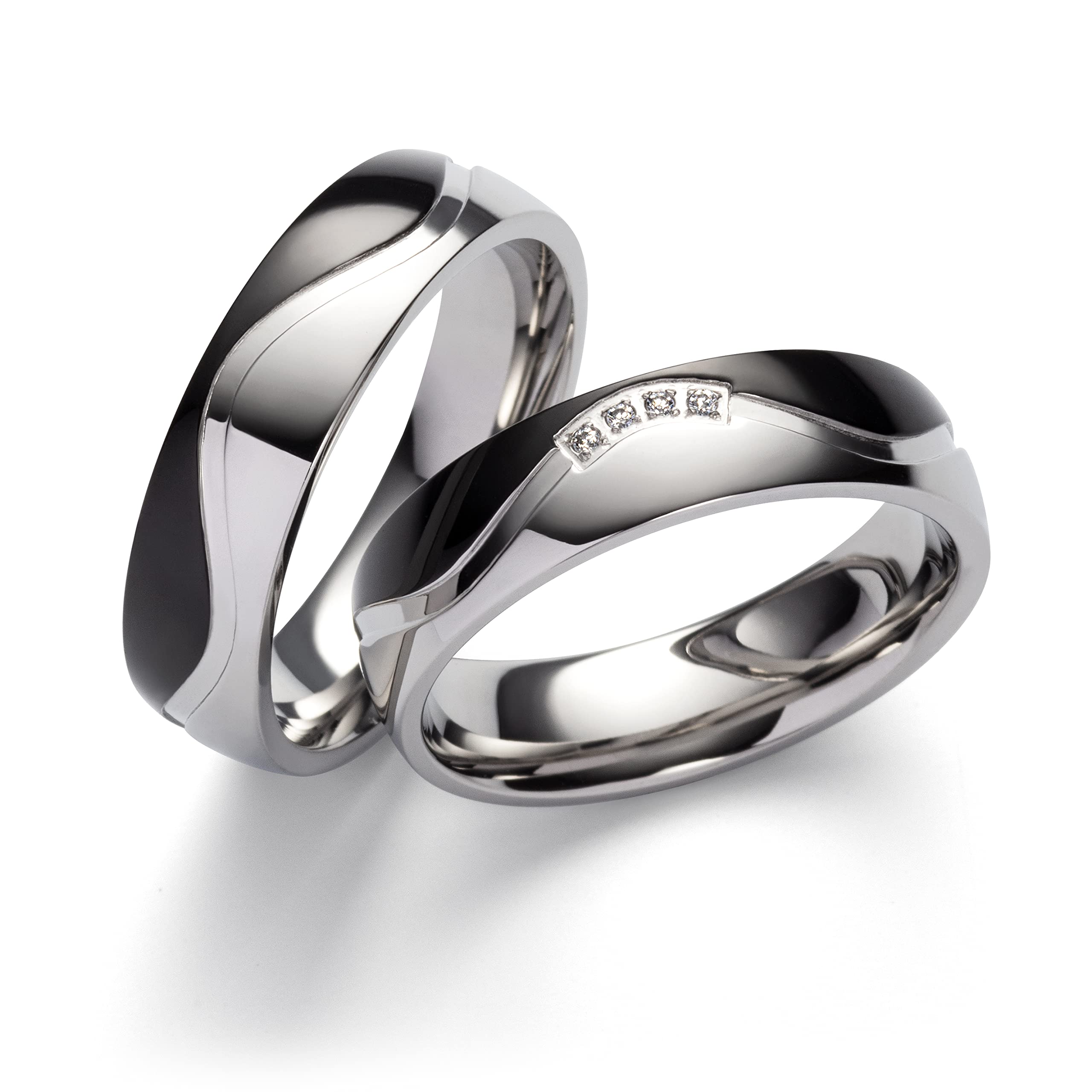 Paar Partnerringe & Eheringe aus Edelstahl – 6 mm Ringpaar mit Zirkonia & Gravur - Trauringe Freundschaftsringe Verlobungsringe mit Wunschgrvur und Etui - für Sie und Ihn | 8014